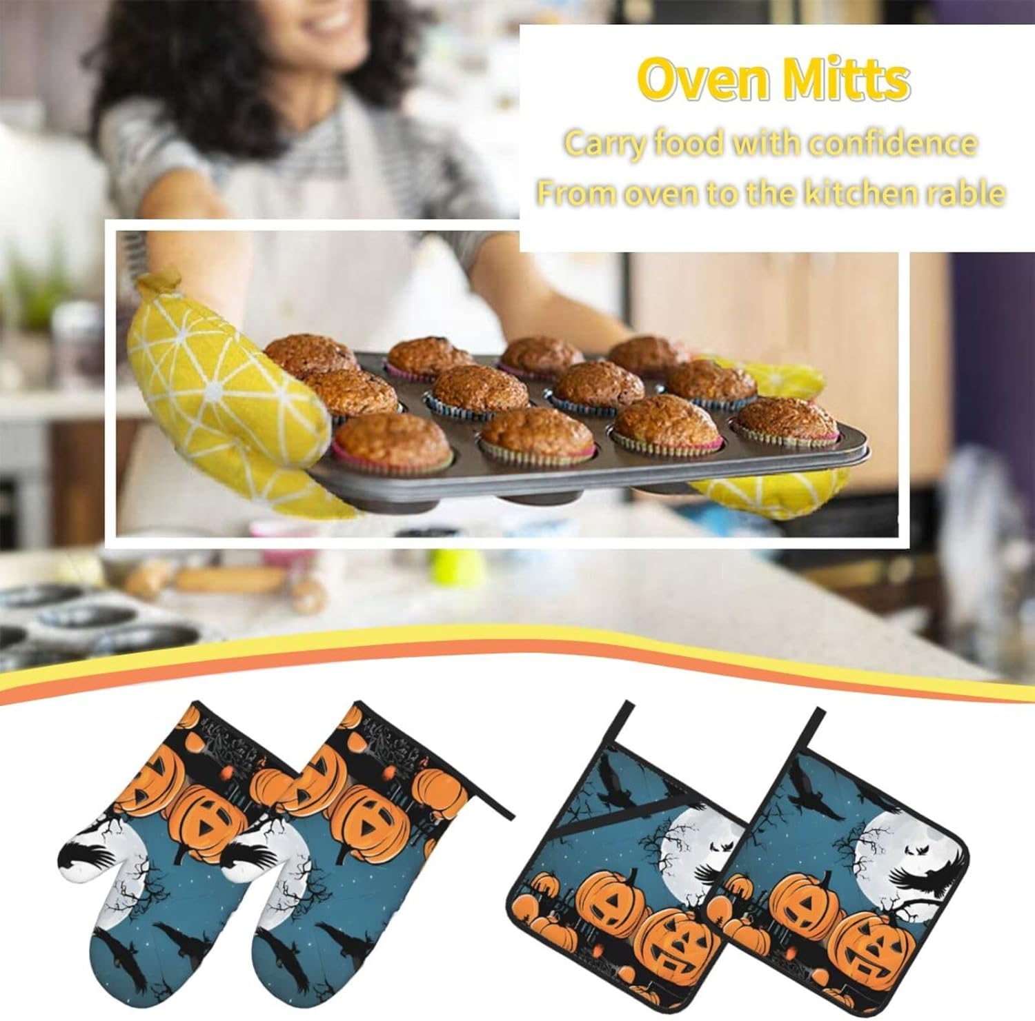 4-Piece Halloween Pumpkin Oven Mitts and Pot Holders Set