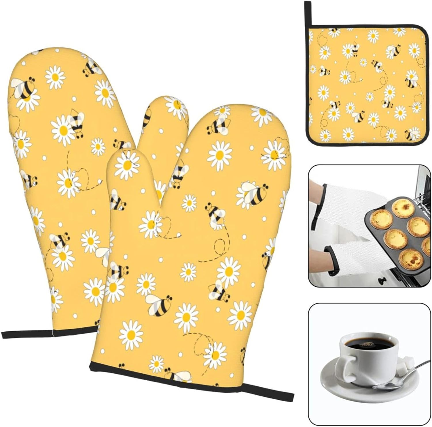 DXTKWL Oven Mitts Set of 3 Yellow Bee Daisy