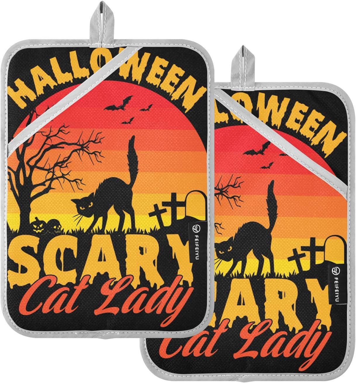 Scary Cat Lady Halloween Potholders with Pockets Non-Slip Kitchen Mat