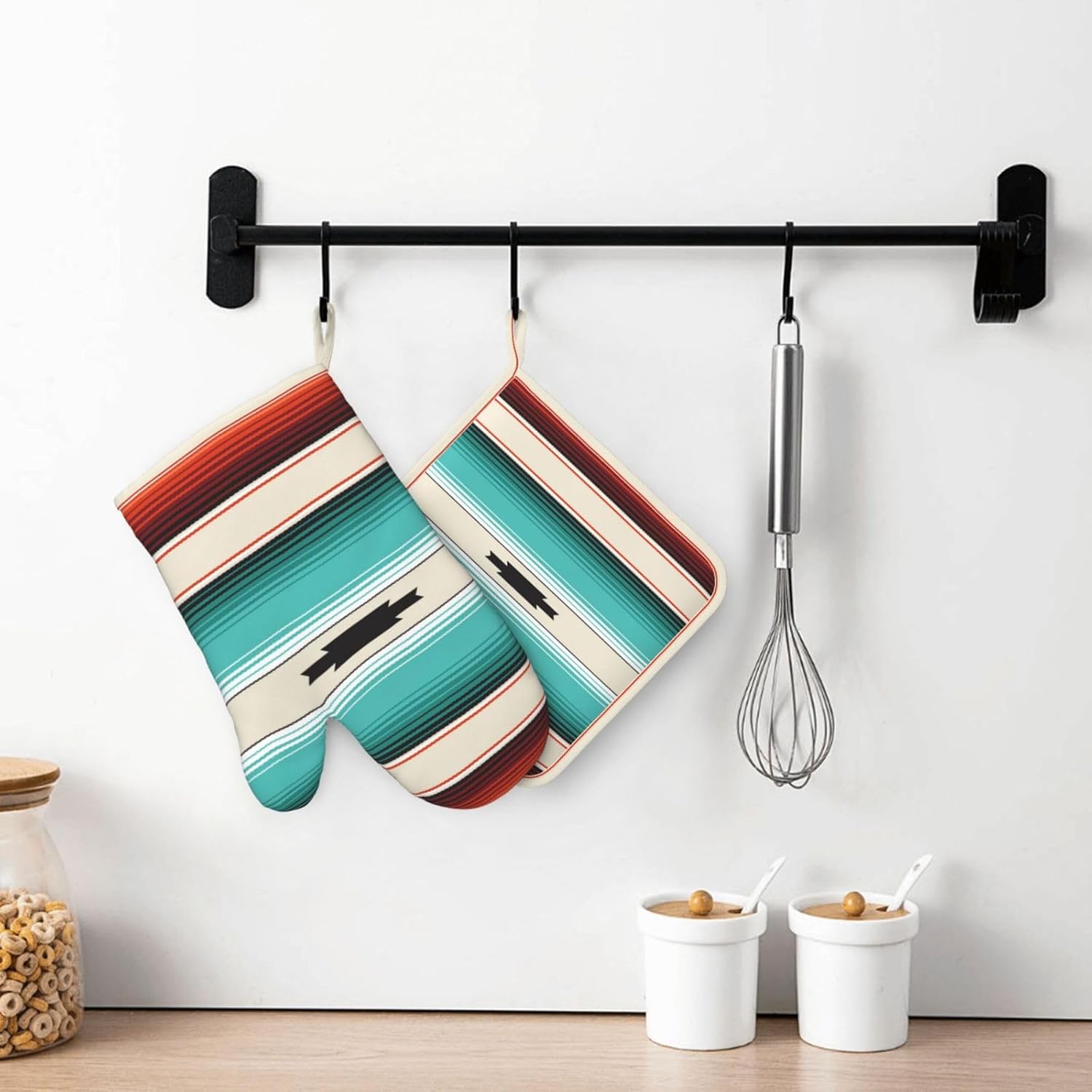 Bold Mexican Serape Turquoise Silicone Oven Mitts Potholders Set