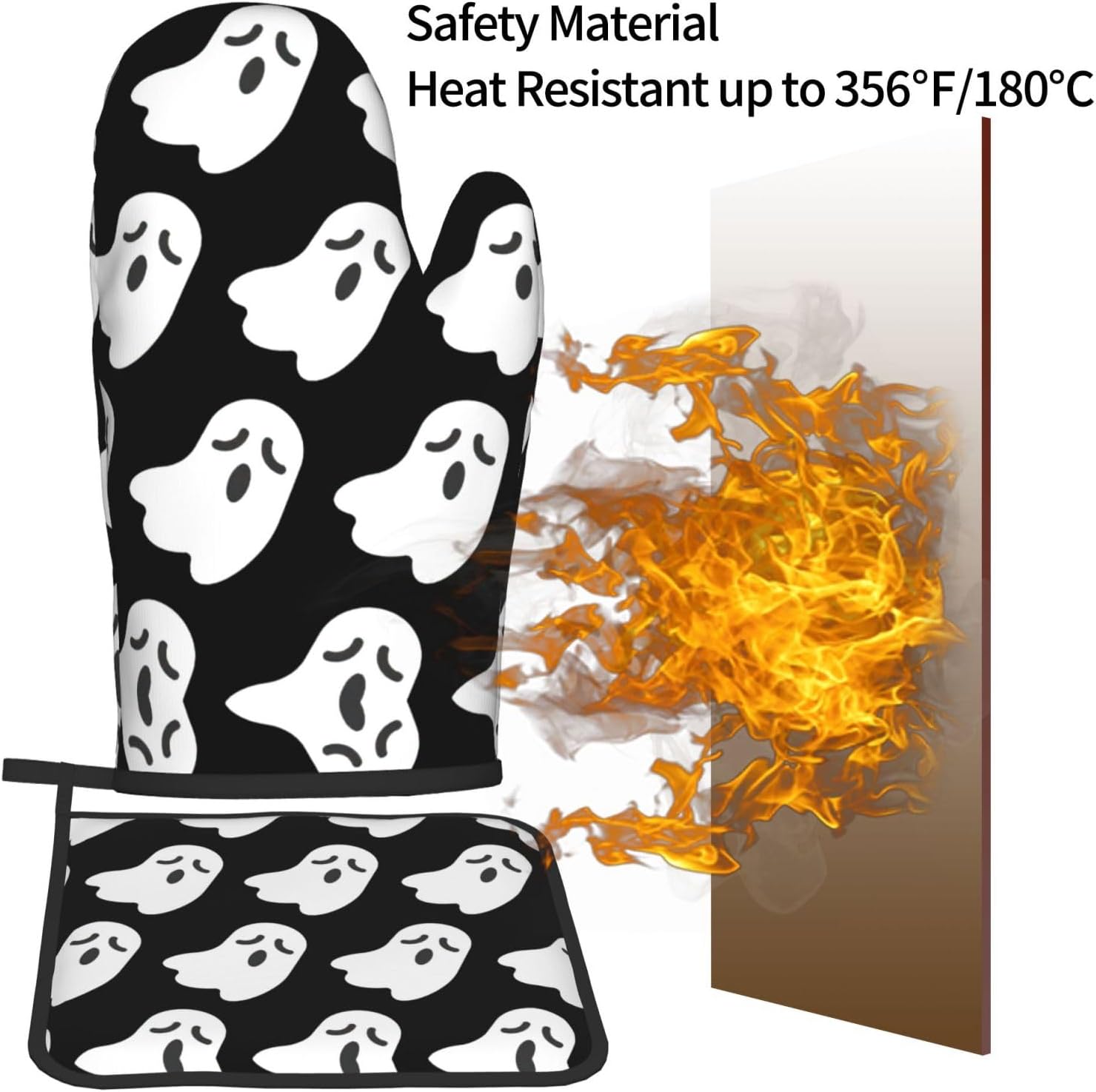 Cute White Ghost Oven Gloves for Cooking and Baking with Halloween Patterns