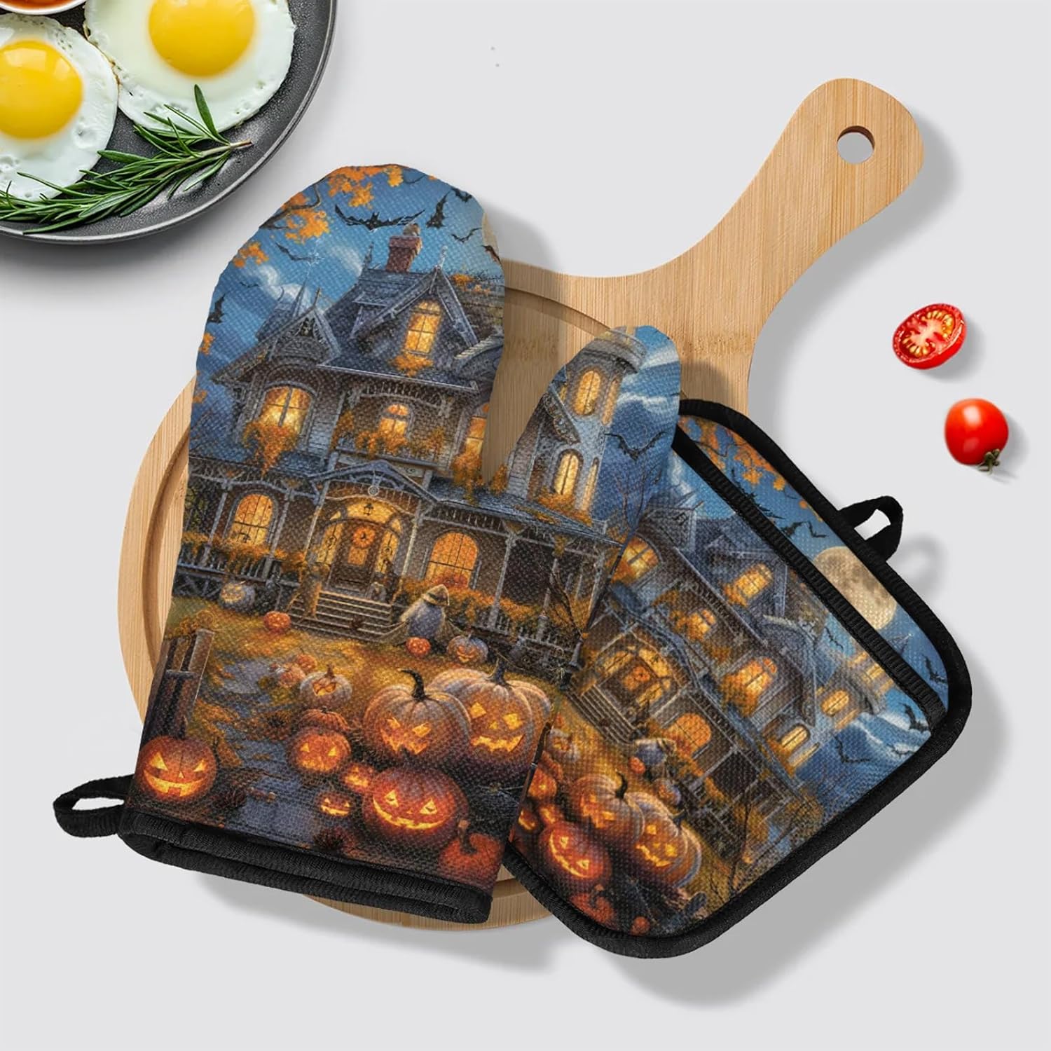 TropicalLife Halloween Pumpkin Moon Oven Mitts and Pot Holders 4Pcs Set