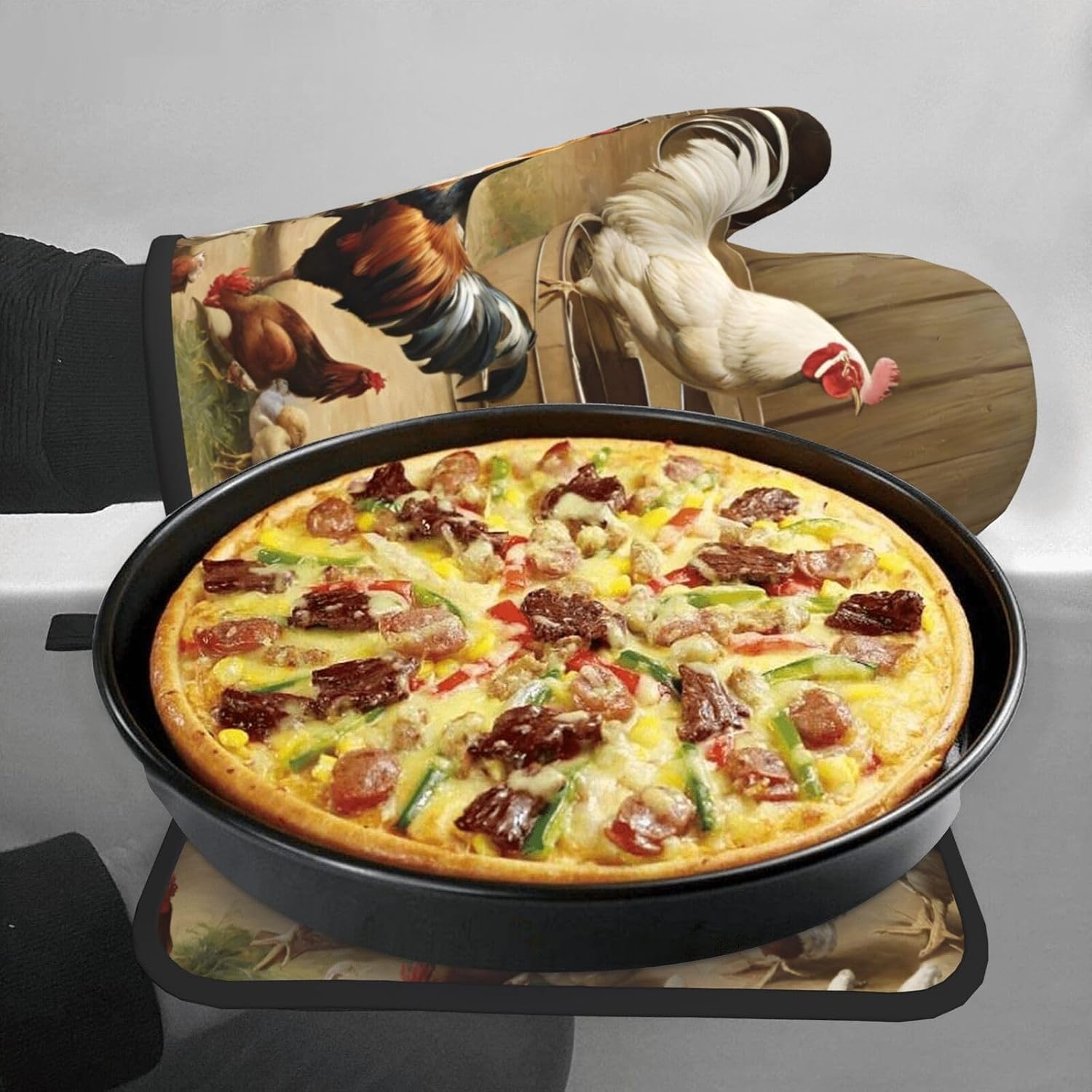 Roast Chicken Hen Farm Oven Mitts and Pot Holders 2pcs Set