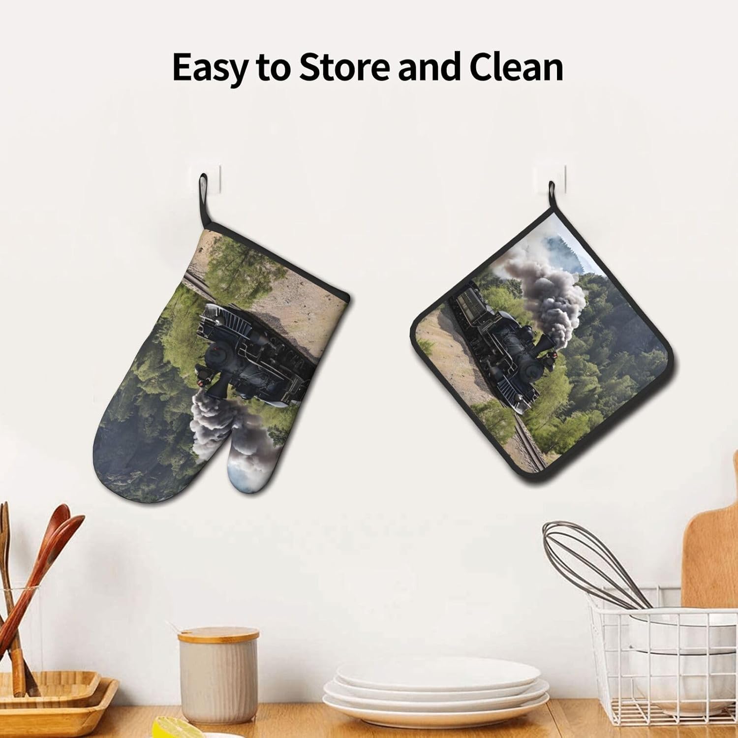 Steam Locomotive Train Printed Oven Mitts and Pot Holders 2 Piece Set