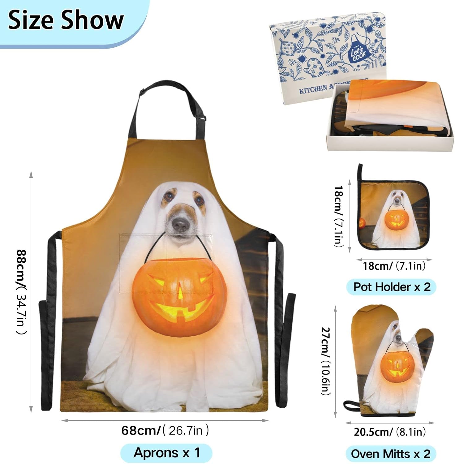 Halloween Ghosts Oven Mitts Pot Holders Set Trick or Treating Stats