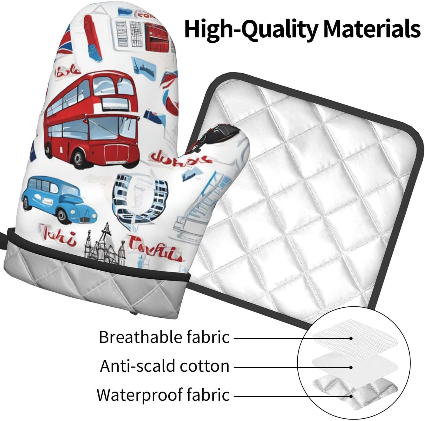 Quopvn London Printed Oven Mitts and Pot Holders 2pcs Set