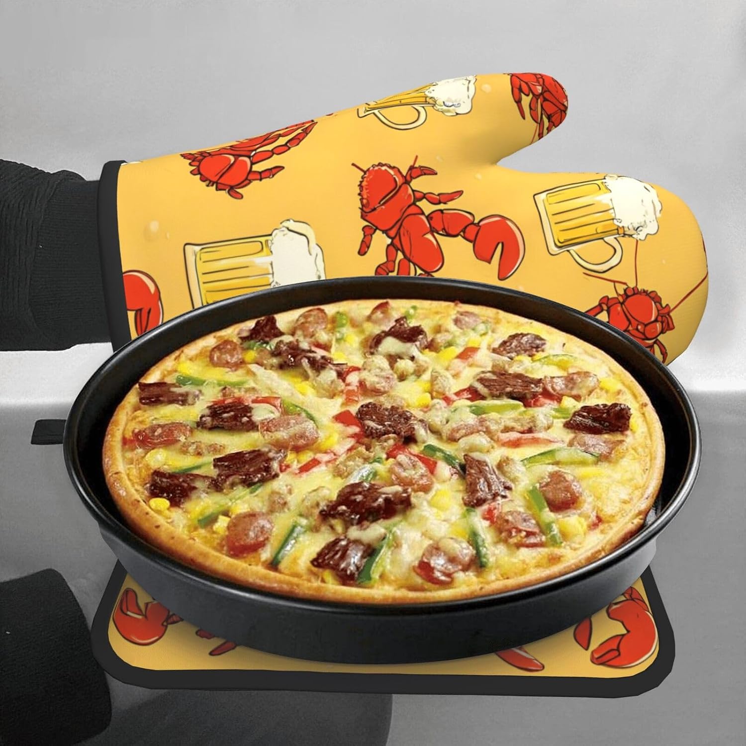 Quopvn Beer and Crawfish Pattern Oven Mitts 2pcs Set