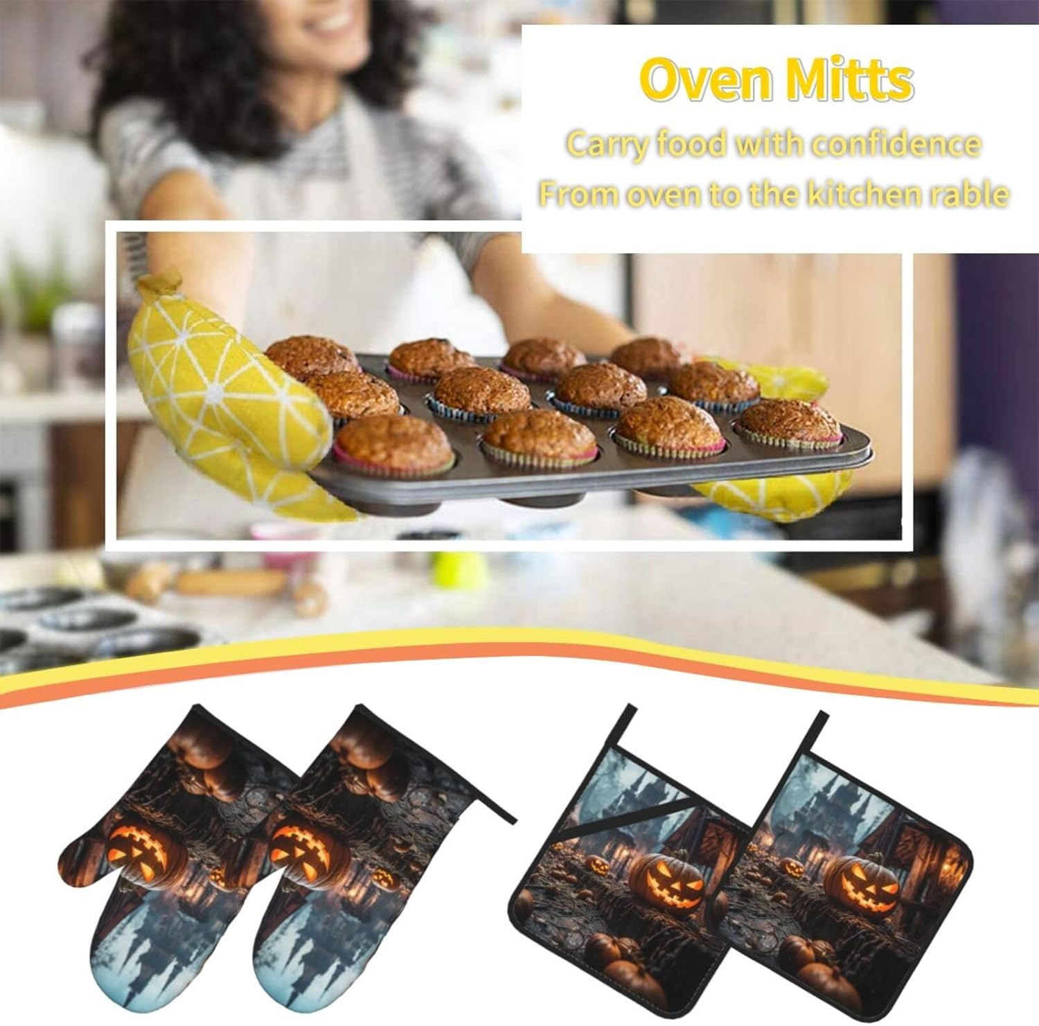 Halloween Pumpkins Print Oven Mitts and Pot Holders Set for Kitchen Use
