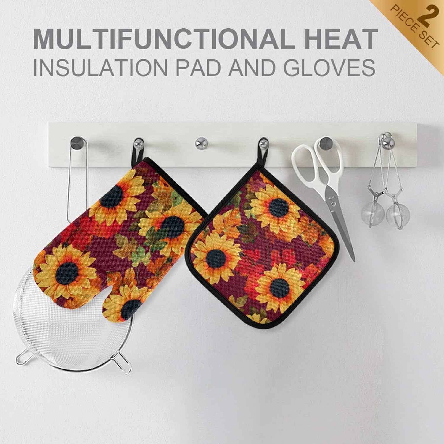 Red Sunflowers Fall Oven Mitts Pot Holders Set