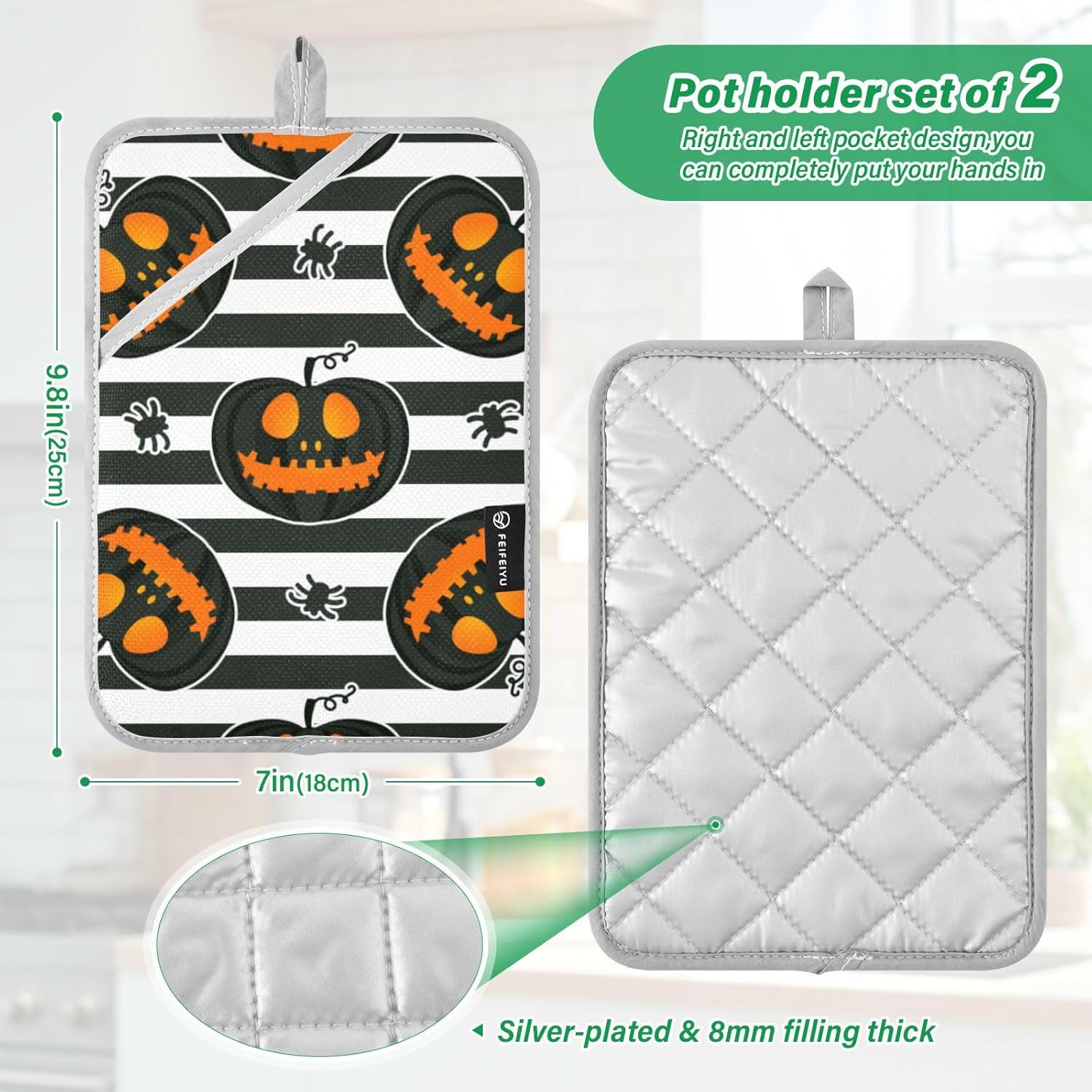 OurVII Jacko Lantern - 2x Potholders with Pockets for Halloween Kitchen Use