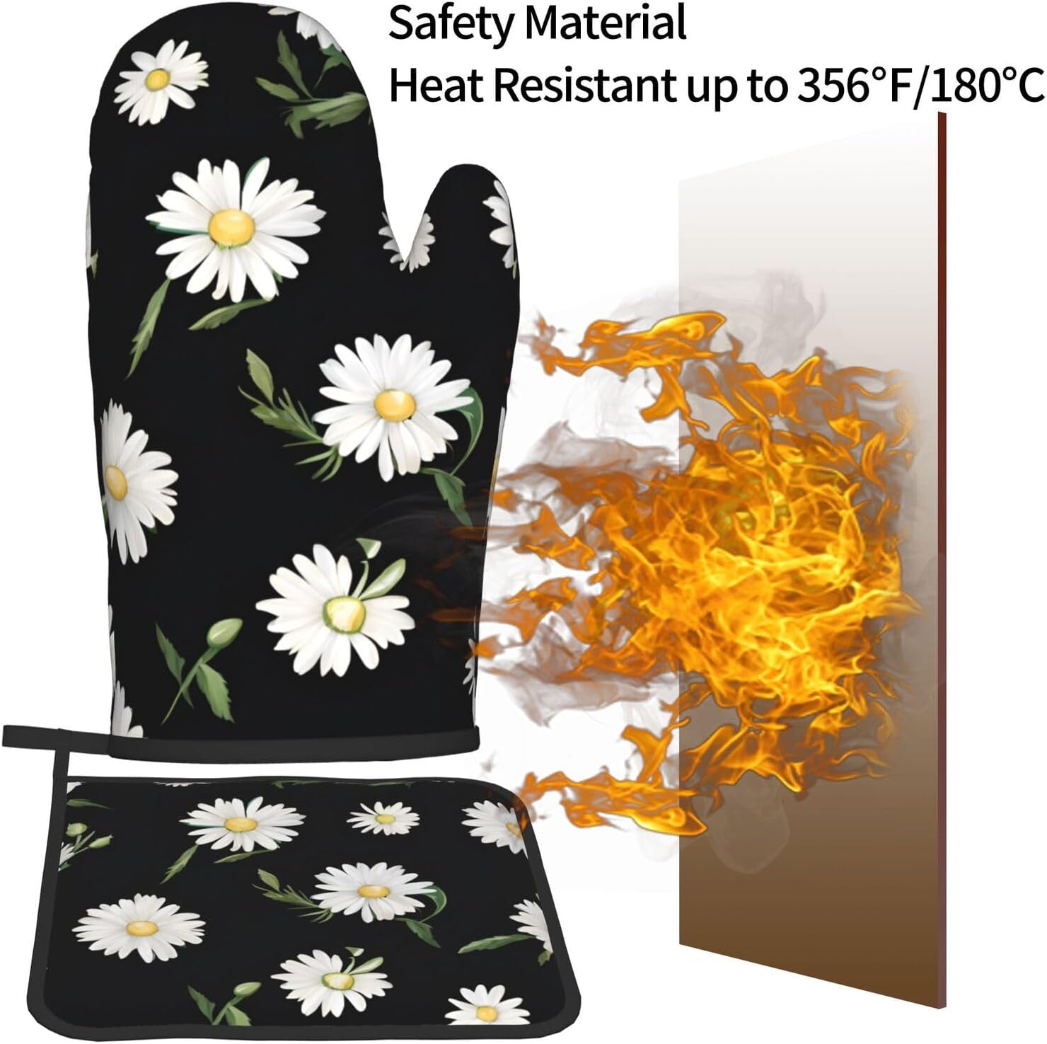 Durable Daisy Printed Oven Mitts Pot Holders Set Heat-Resistant Kitchen Gloves