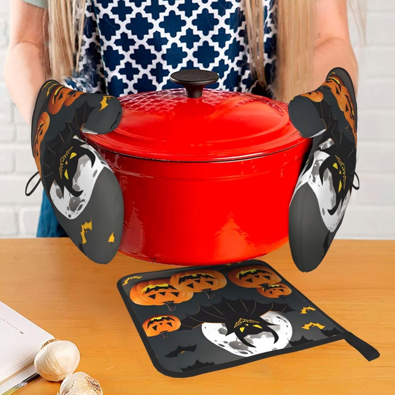 Halloween Moon Bat Pumpkin Oven Mitts Set