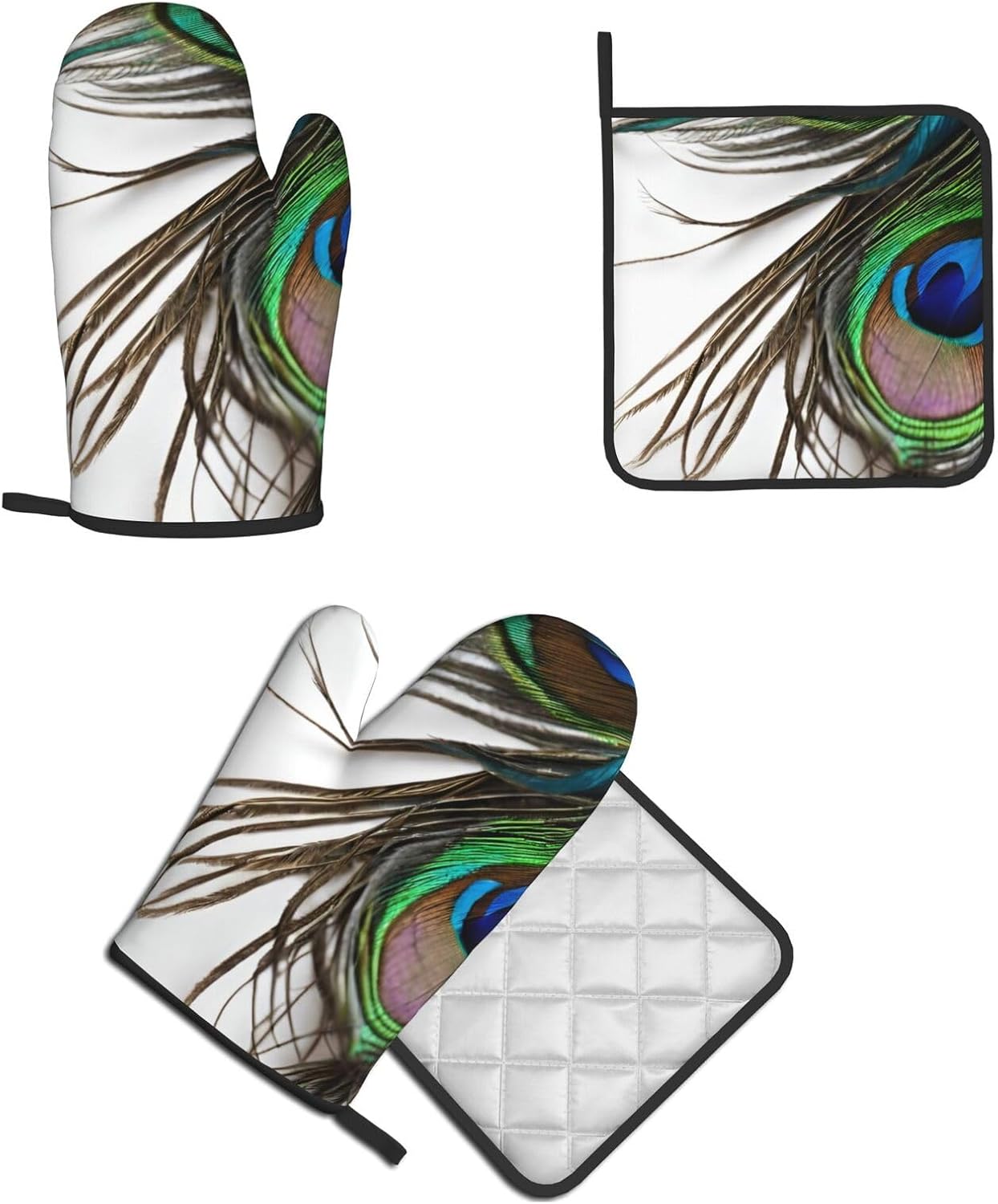 Peacock Feather Printed Oven Mitts and Potholders Set