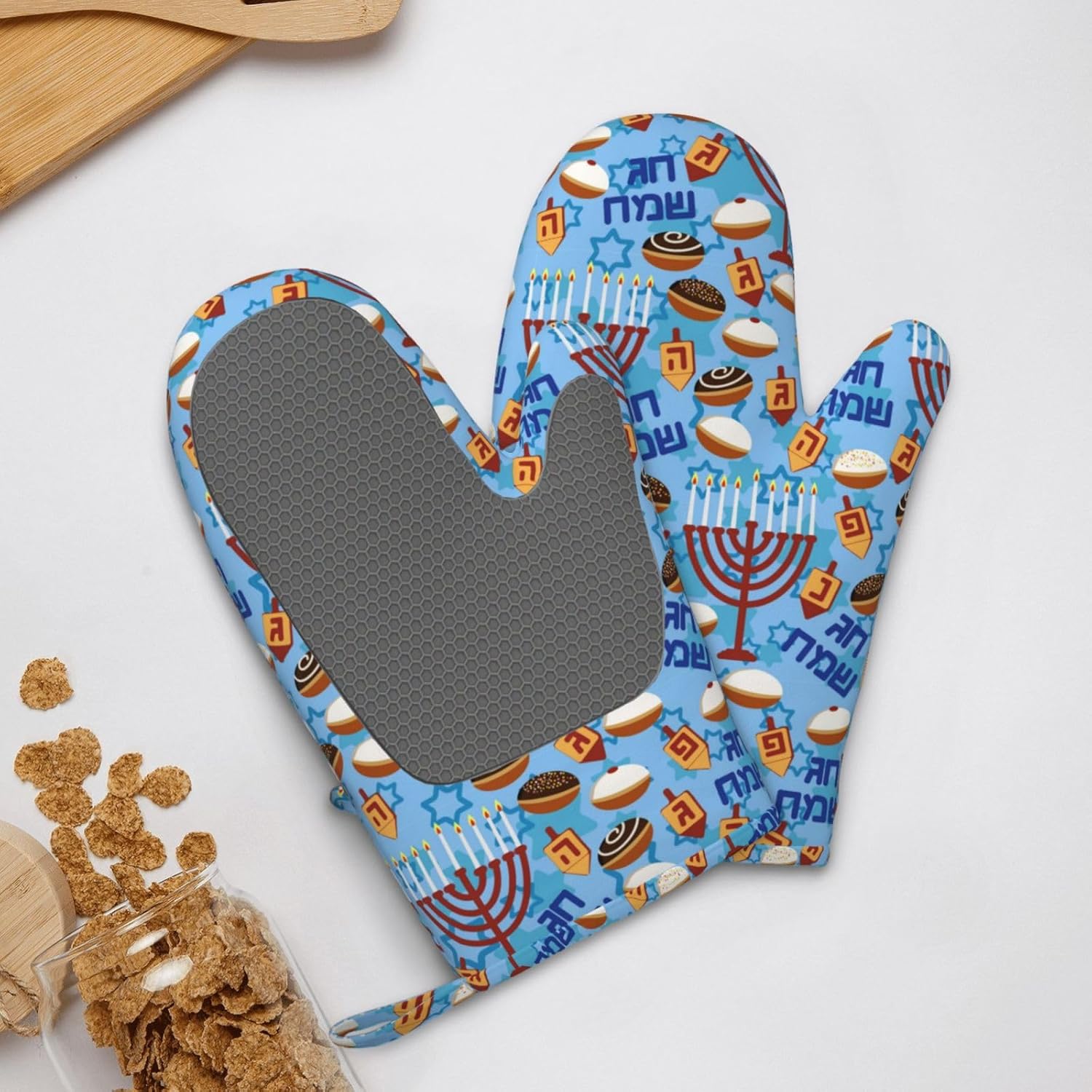 Happy Hanukkah Oven Mitts with Silicone Pads