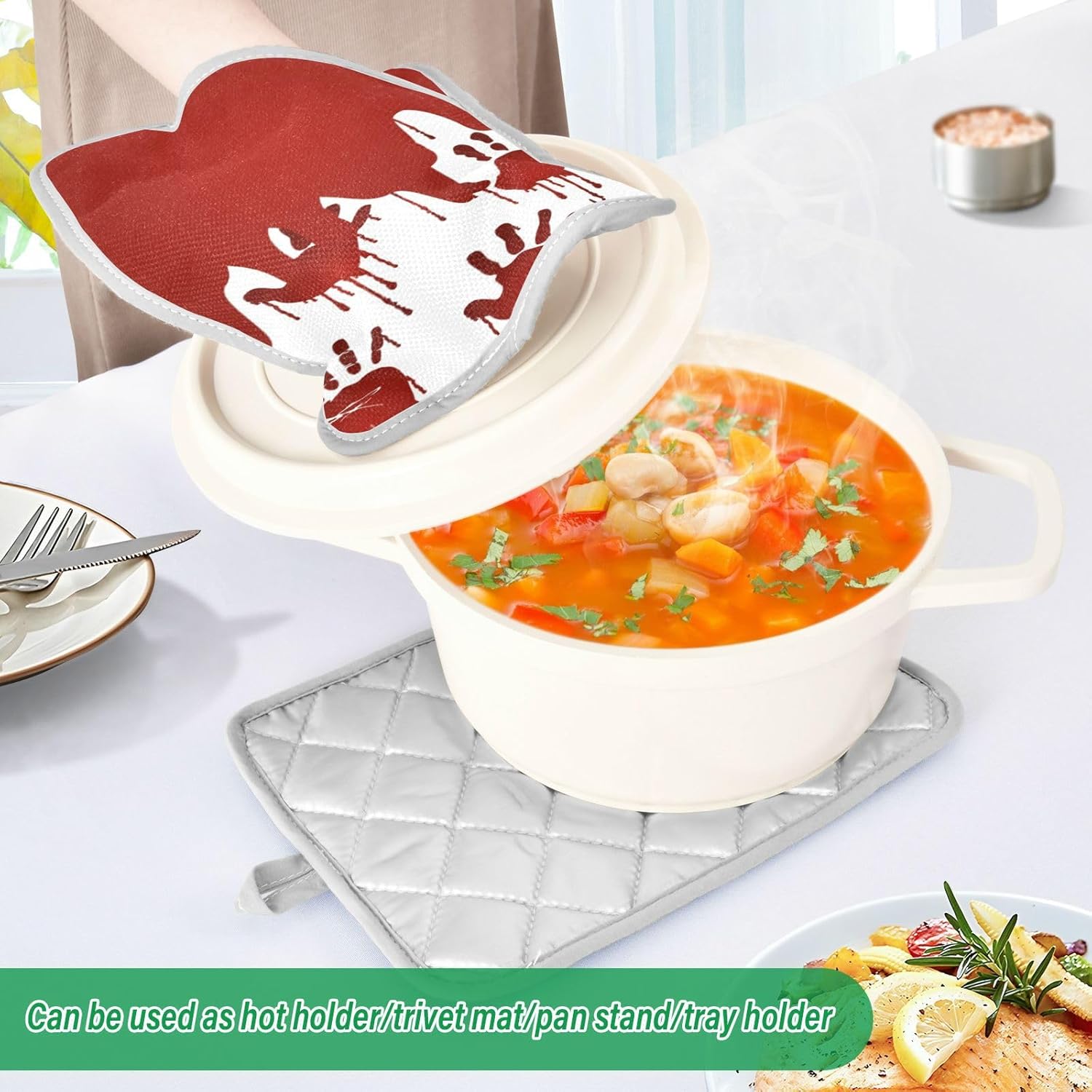 Ourvii 2-Piece Bloody Hand Print Pot Holder Set Heat Resistant Kitchen Pots