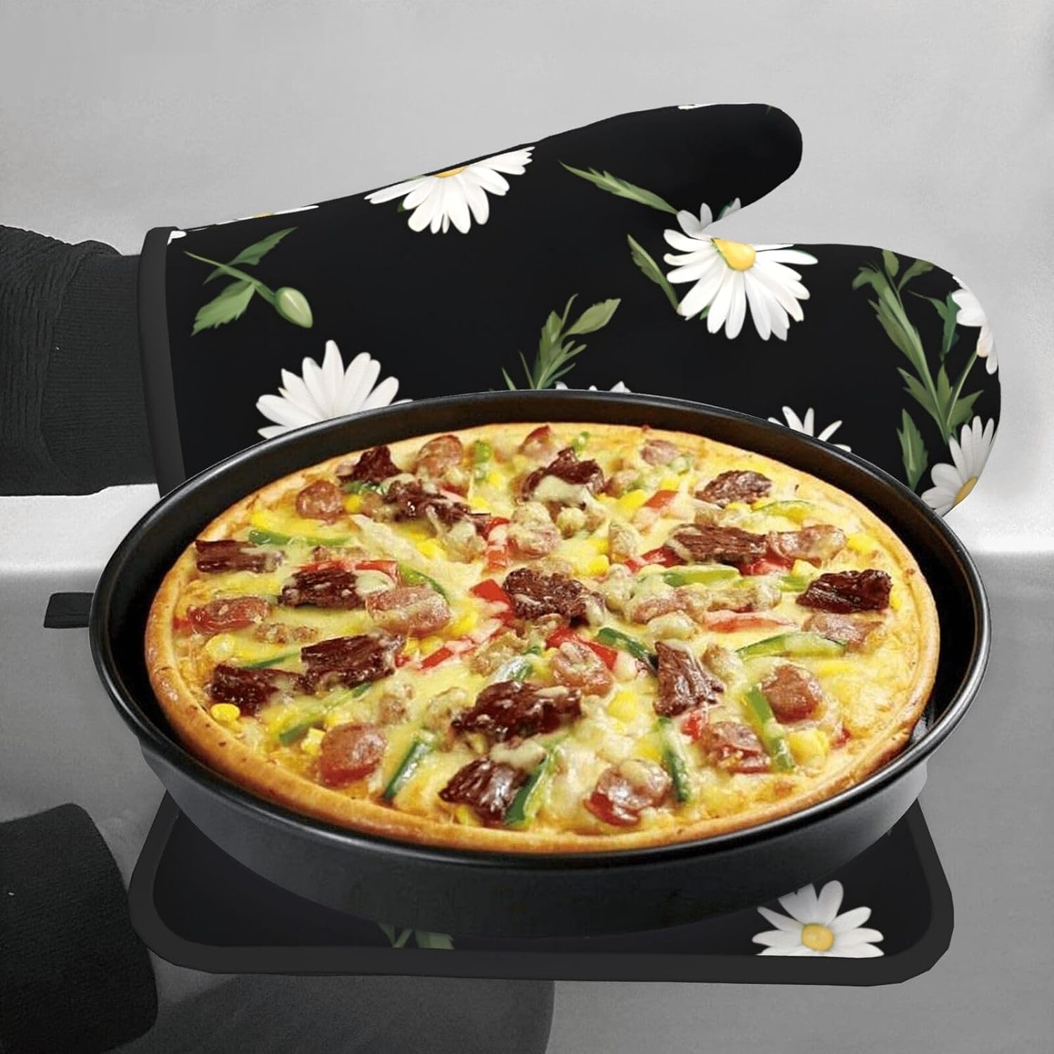 Durable Daisy Printed Oven Mitts Pot Holders Set Heat-Resistant Kitchen Gloves