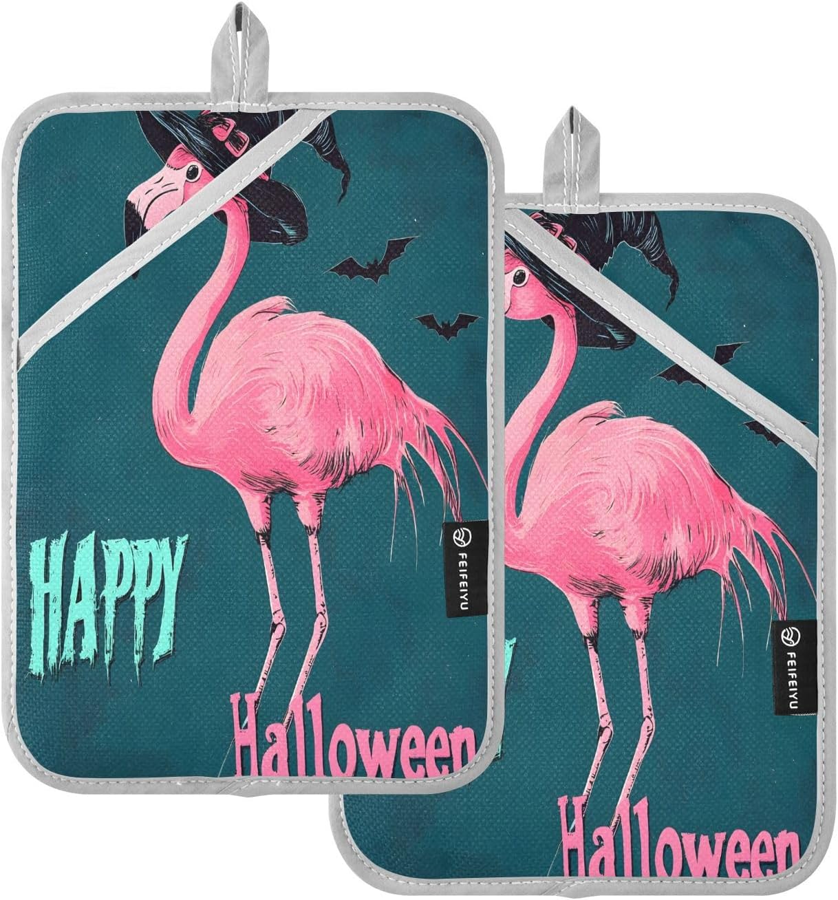 Halloween Flamingo Green Pot Holders
