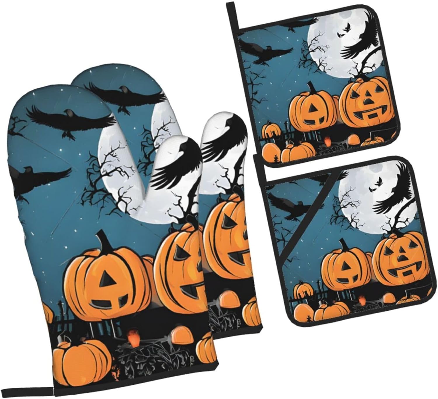 4-Piece Halloween Pumpkin Oven Mitts and Pot Holders Set