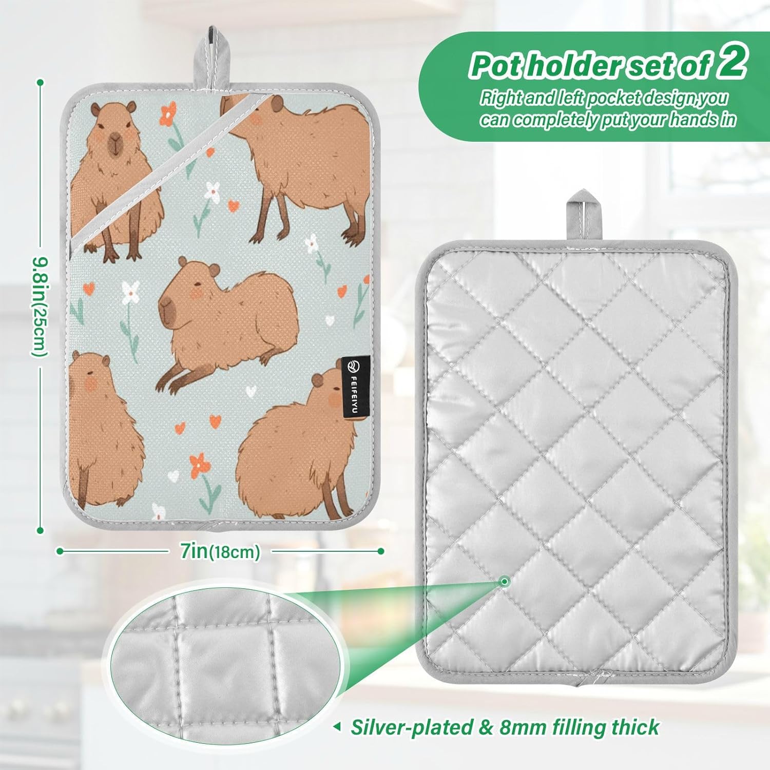 Kcldeci 2-Pack Cute Capybara Pot Holders with Flower Design