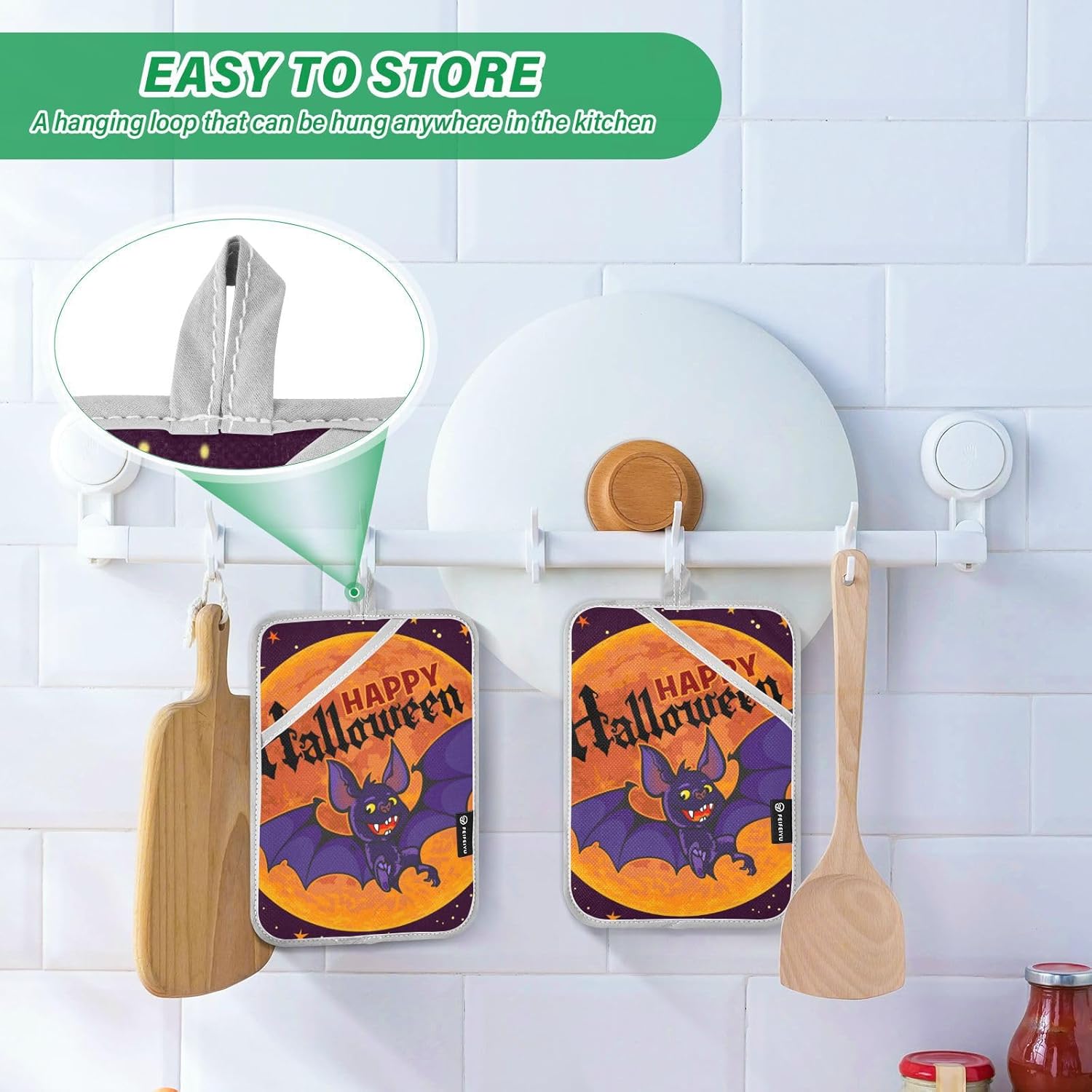 OURVII 2Pcs Halloween Bat Pot Holder Set Non-Slip Potholders with Pockets
