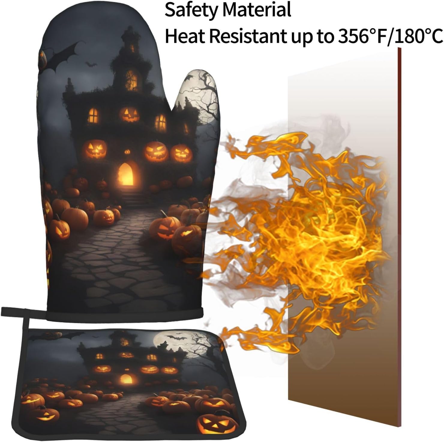 Halloween Pumpkin Print Heat-Resistant Oven Mitts Set Safe for Cooking BBQ