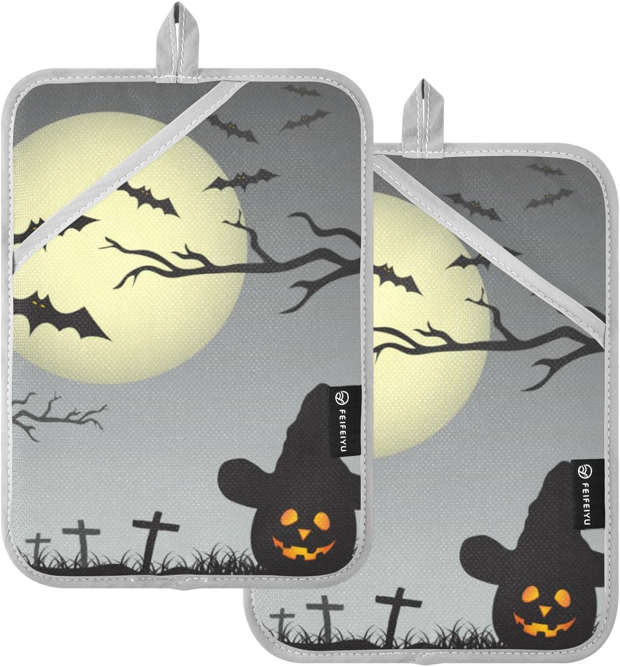 OURVII 2Pcs Halloween Full Moon Pot Holders Non-Slip with Pockets