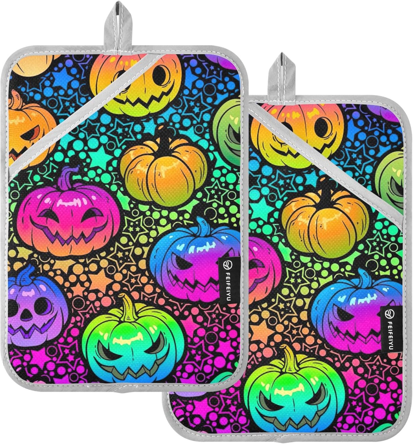 Bright Rainbow Halloween Pumpkins Pot Holder Set Heat-Resistant Cute Functional