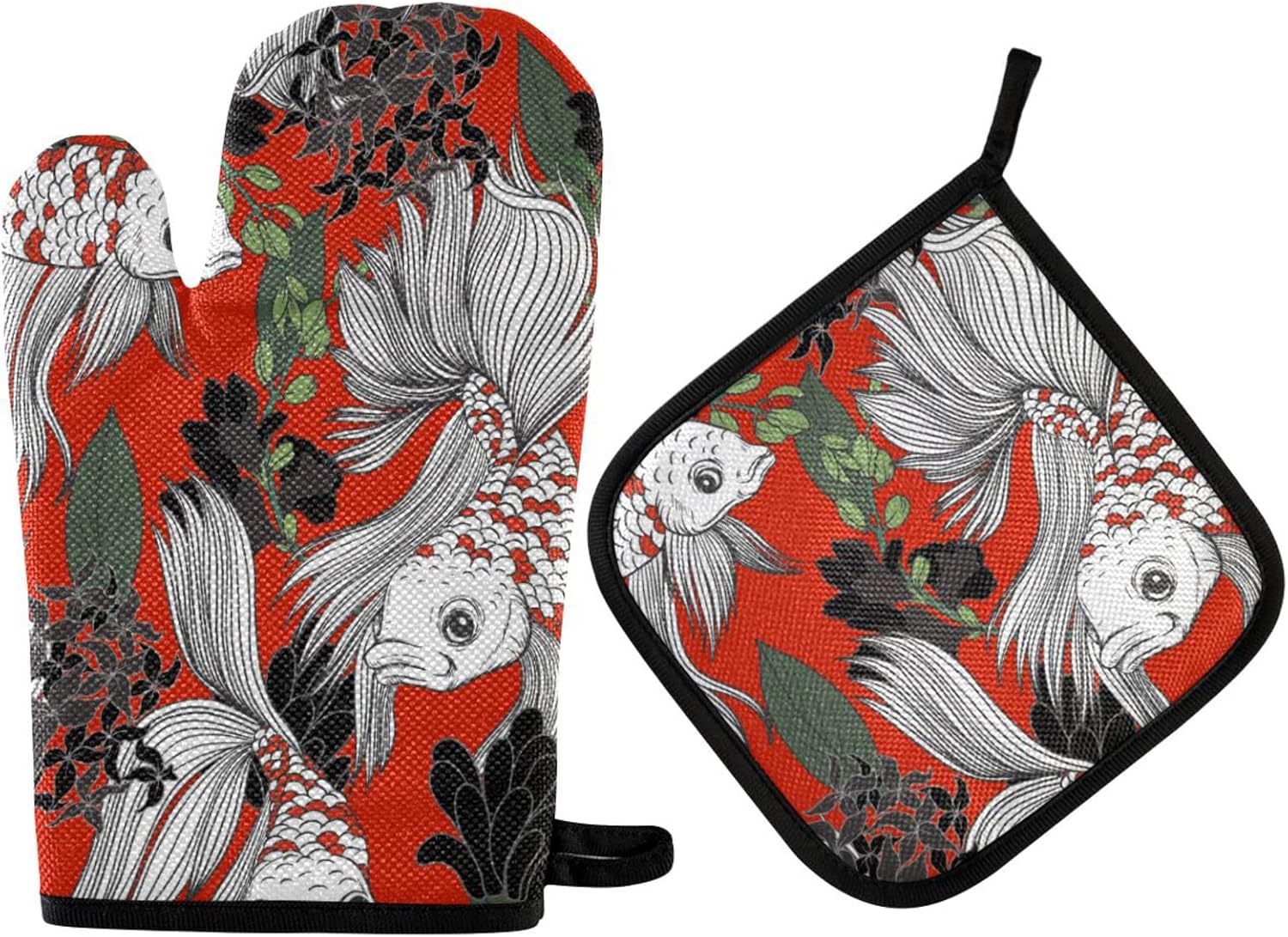 Exnundod Japanese Koi Carp Flowers Oven Mitts and Pot Holder Set