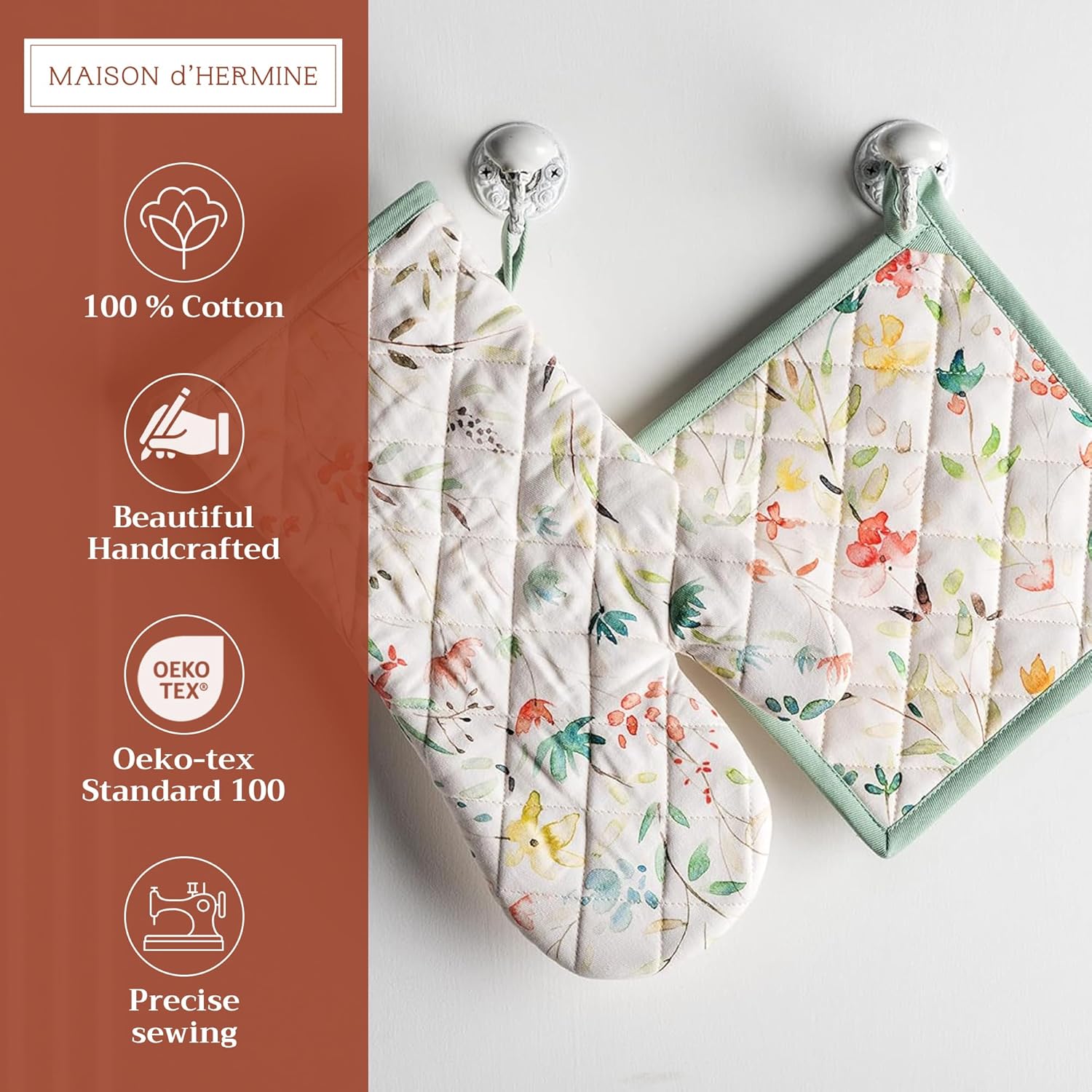Maison dHermine 100 Cotton Oven Mitt Pot Holder Set - Heat Resistant Soft Durable