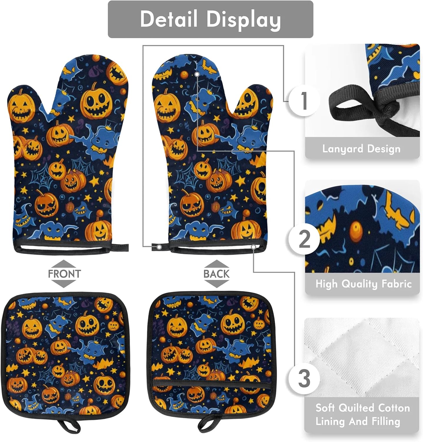 Halloween Heat-Resistant Oven Mitts Pot Holders Set Pumpkin Design