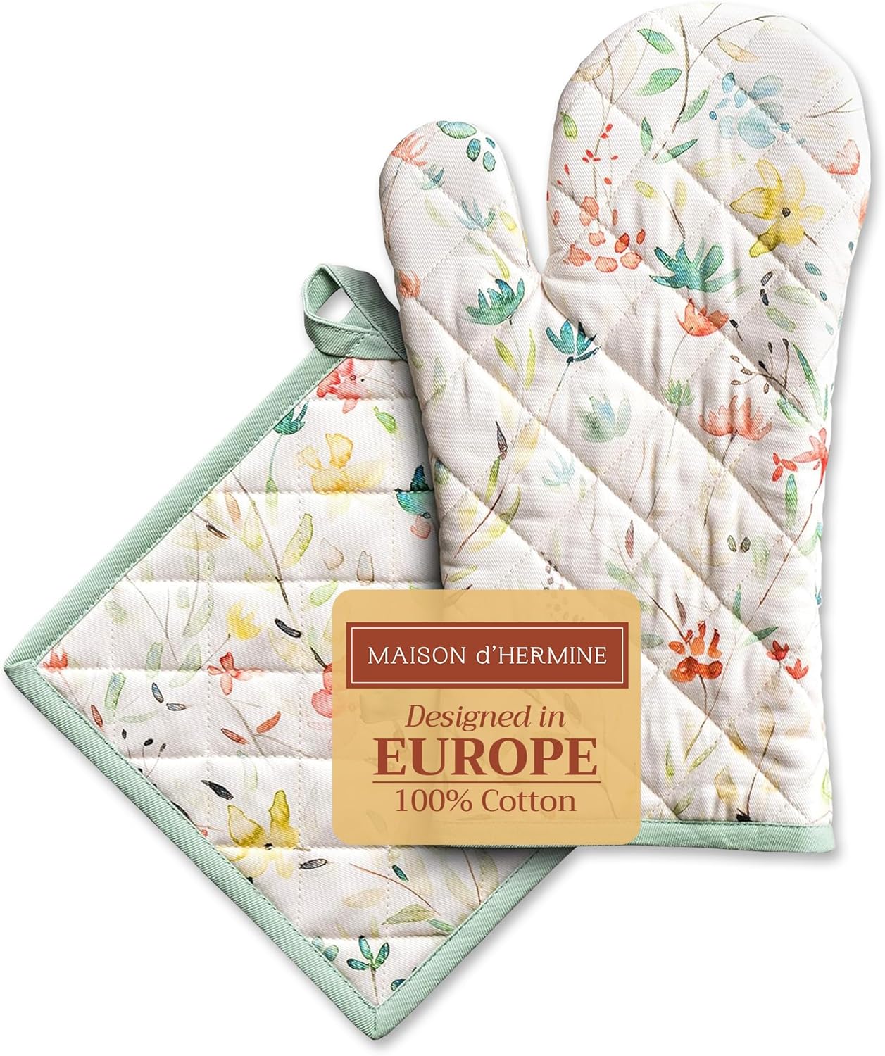 Maison dHermine 100 Cotton Oven Mitt Pot Holder Set - Heat Resistant Soft Durable