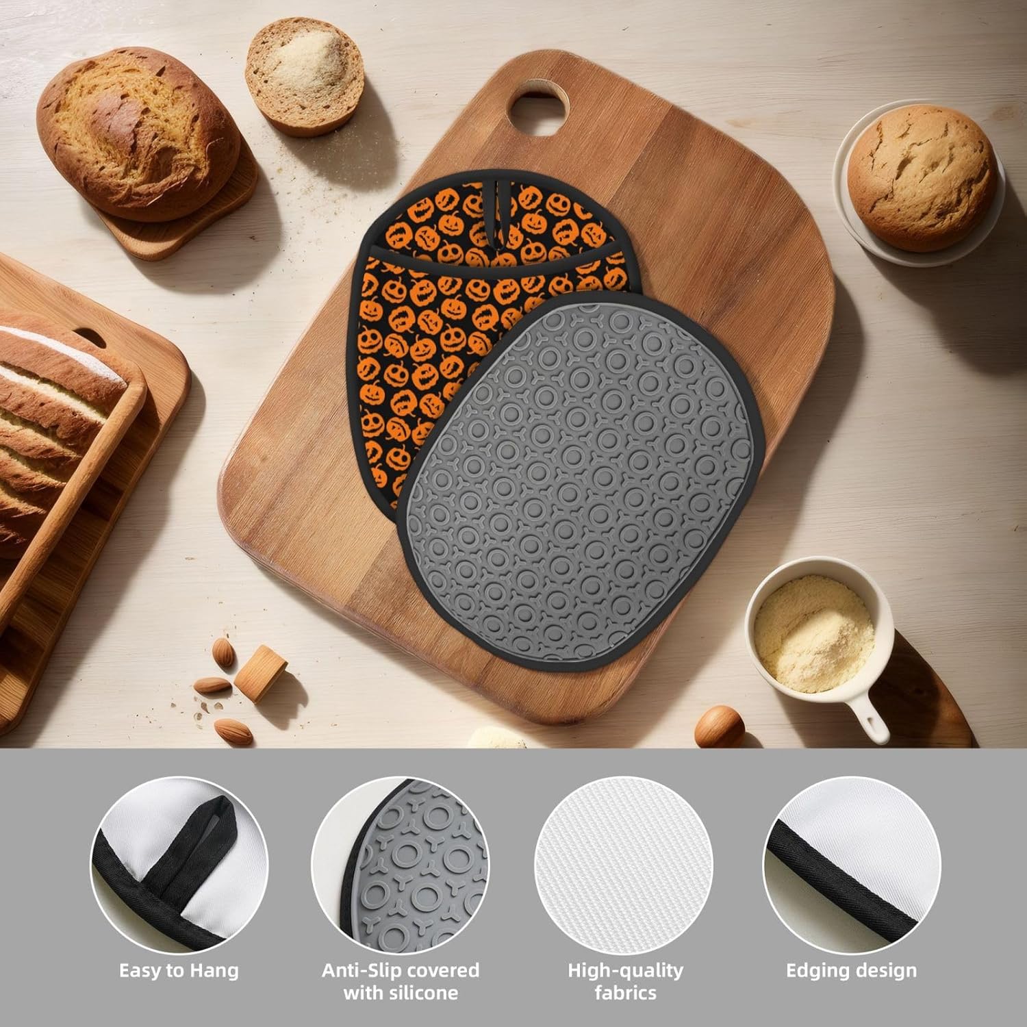 Two-Pack Halloween Silicone Potholders Heat-Resistant Non-Slip Pumpkins Flash