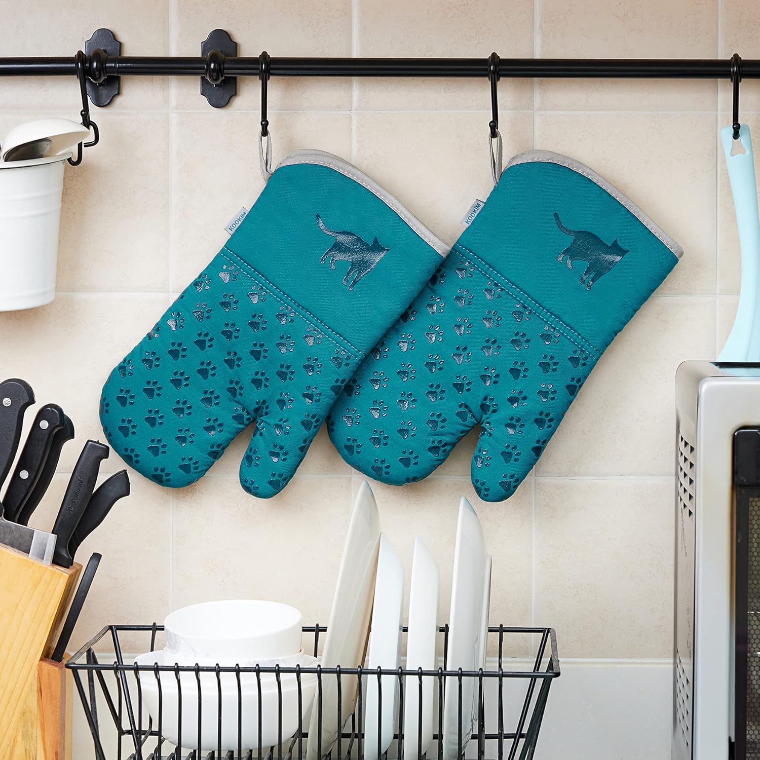 KOOKIM Cat Themed Oven Mitts Set of 2 - Teal