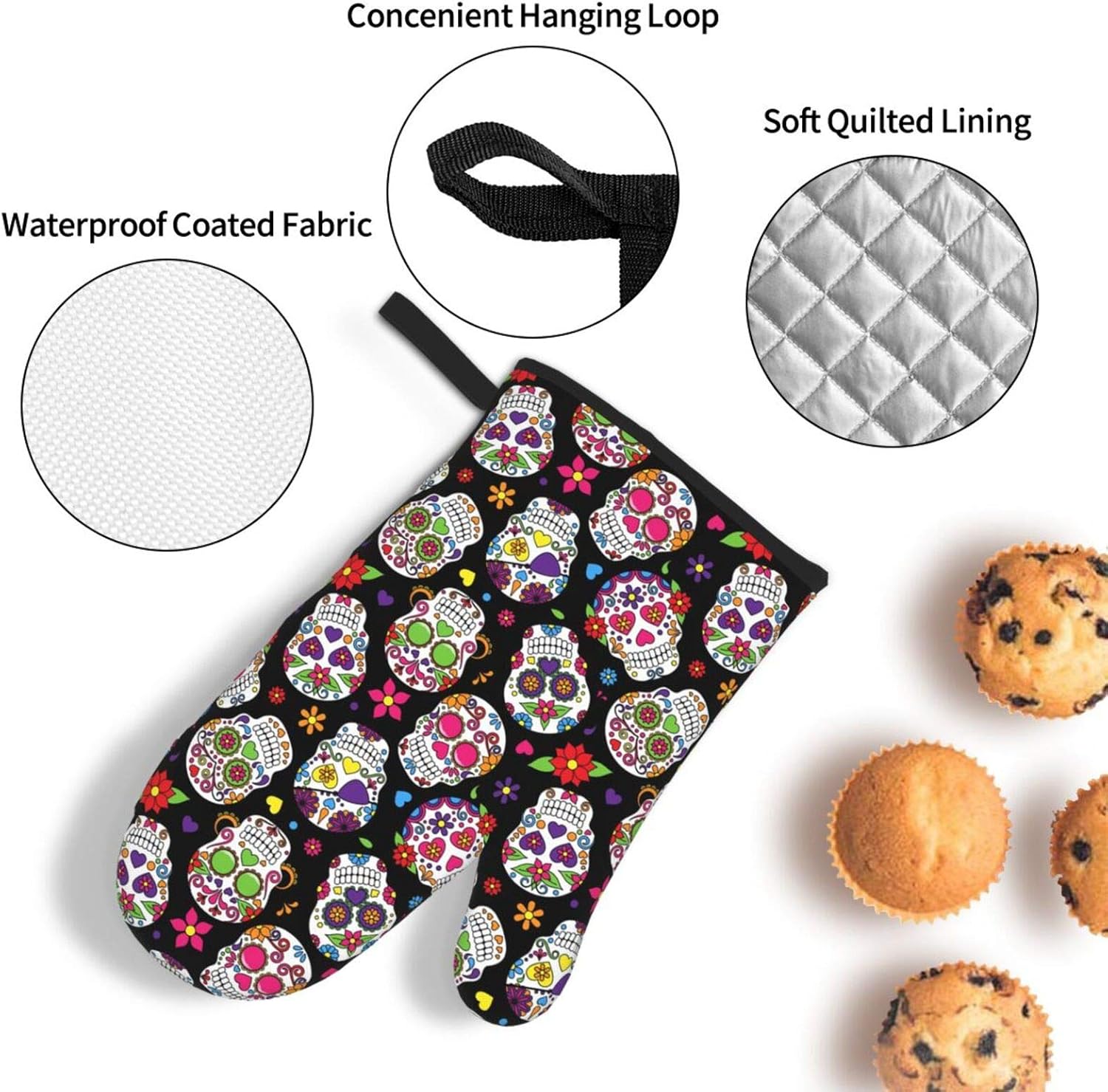 Halloween Day of the Dead Sugar Skull Oven Mitts and Pot Holder Set
