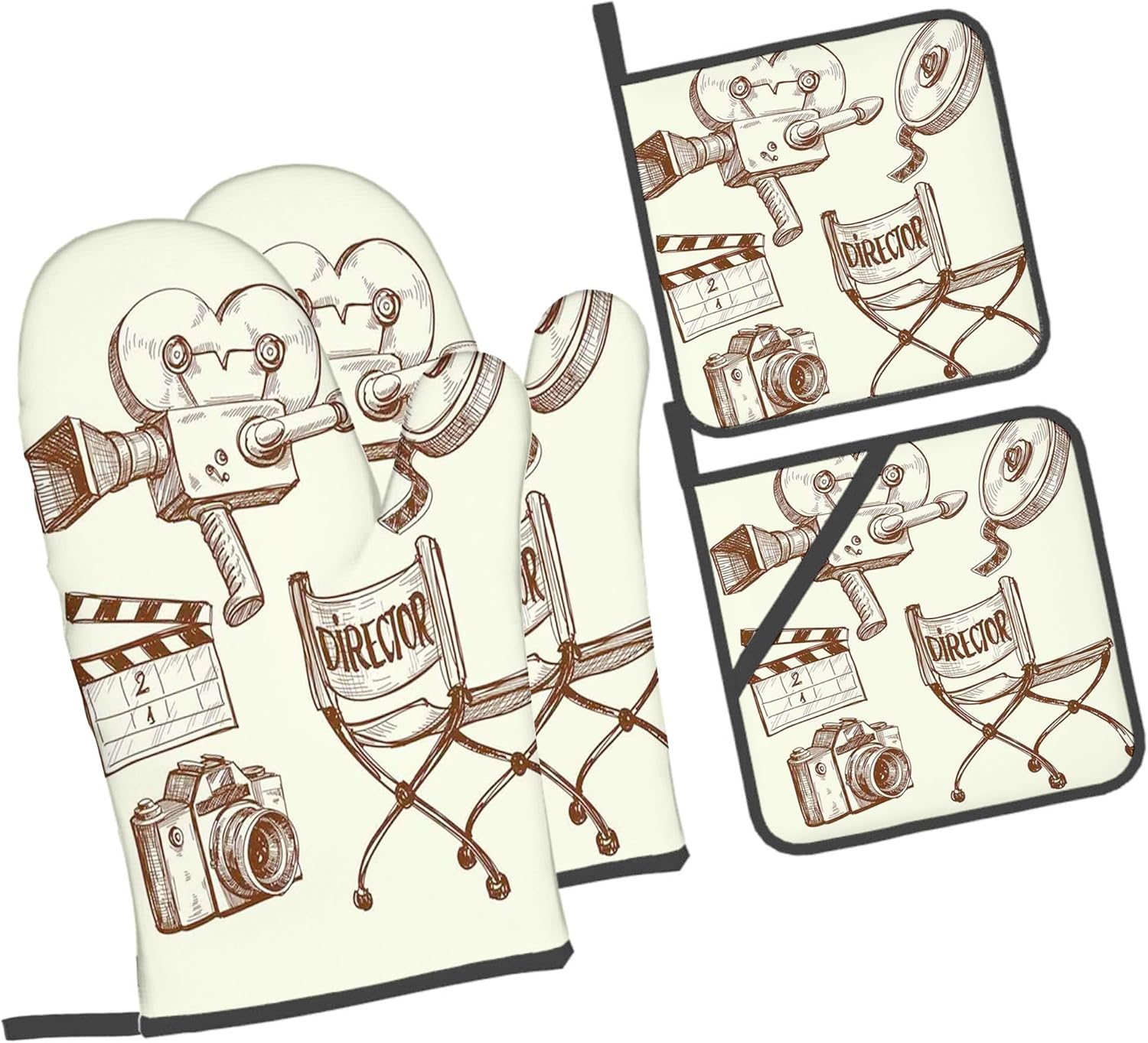 Sketch Art Style Oven Mitts Heat Resistant Pots Cooking Glove Sets