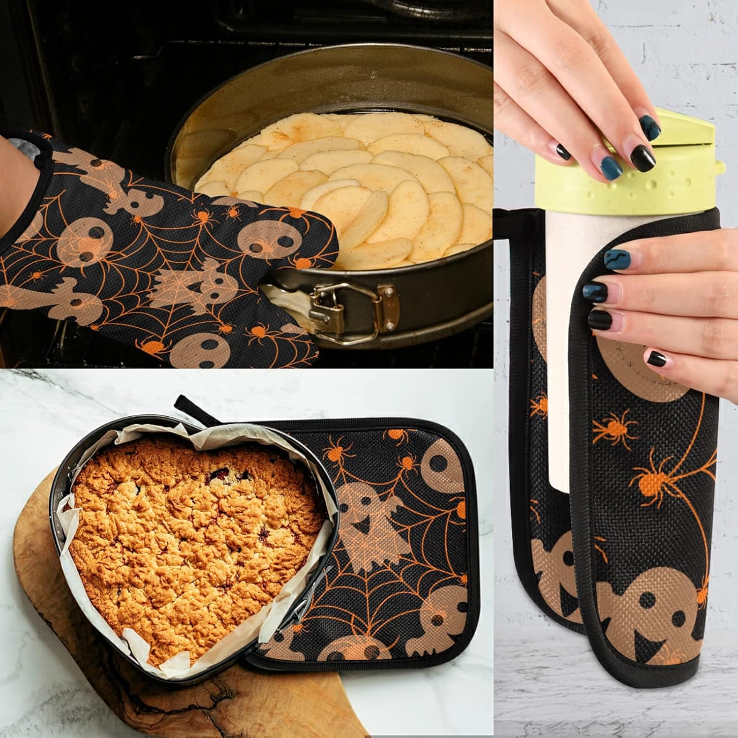 Aflyko Halloween Oven Mitt Set Heat Resistant Functional Cooking Gloves Potholders
