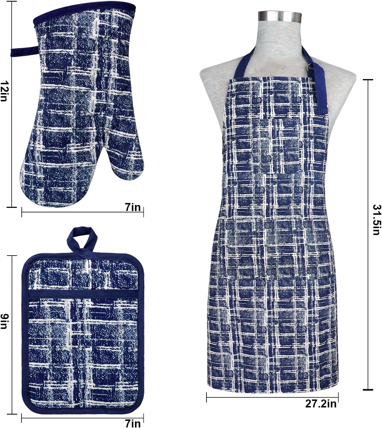Alselo Oven Mitts and Pot Holders Set of 5 with Cooking Apron Navy