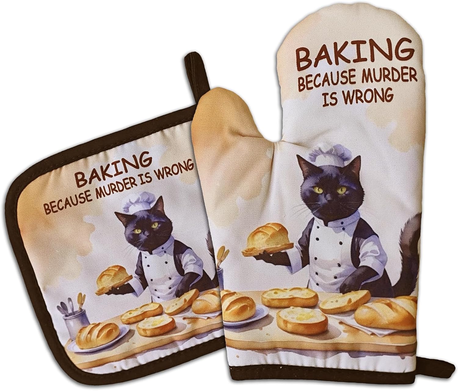 steward Cat Oven Mitt Set with Humor Make Baking Fun