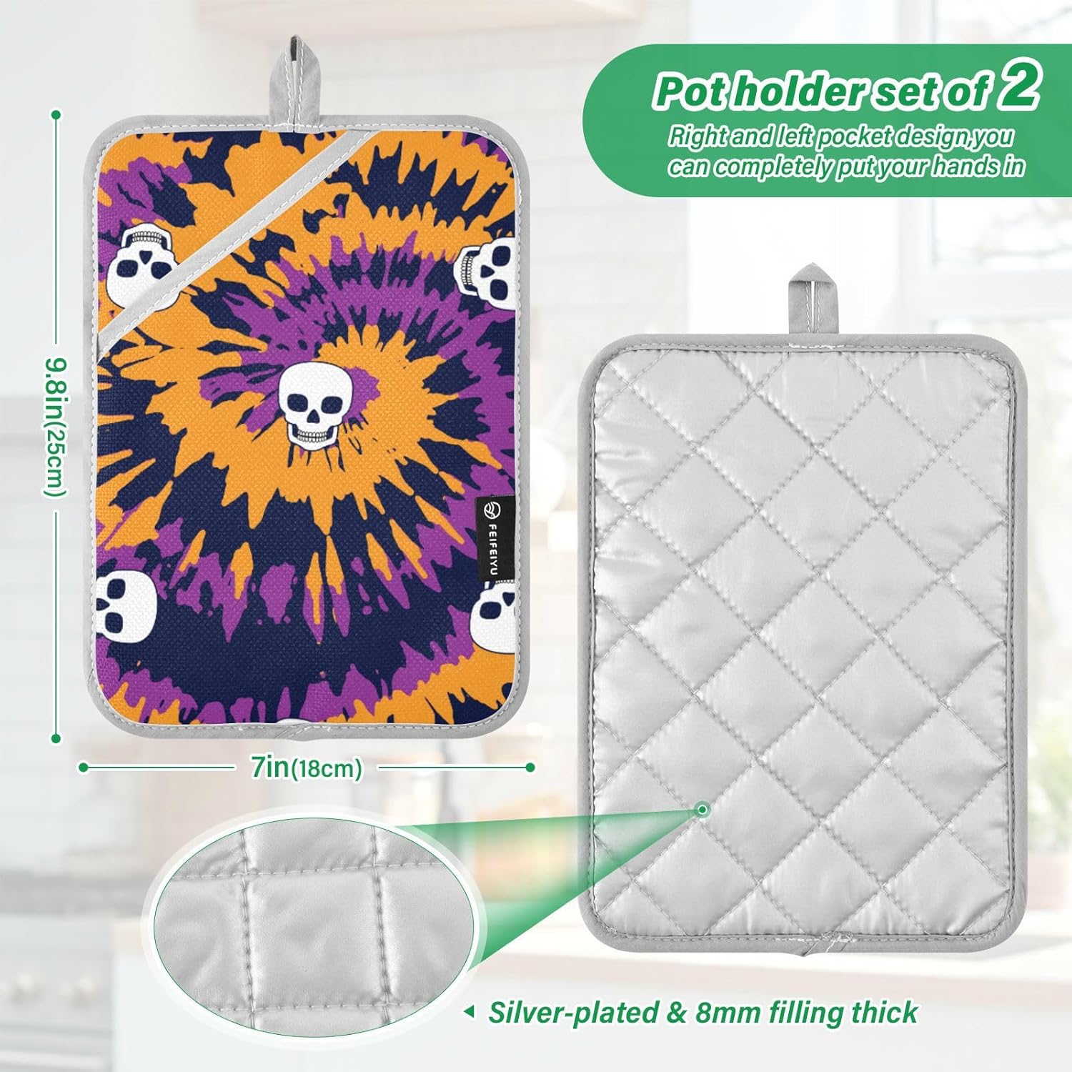 OurVii Tie Dye Spiral Circle Skull Pot Holder Set