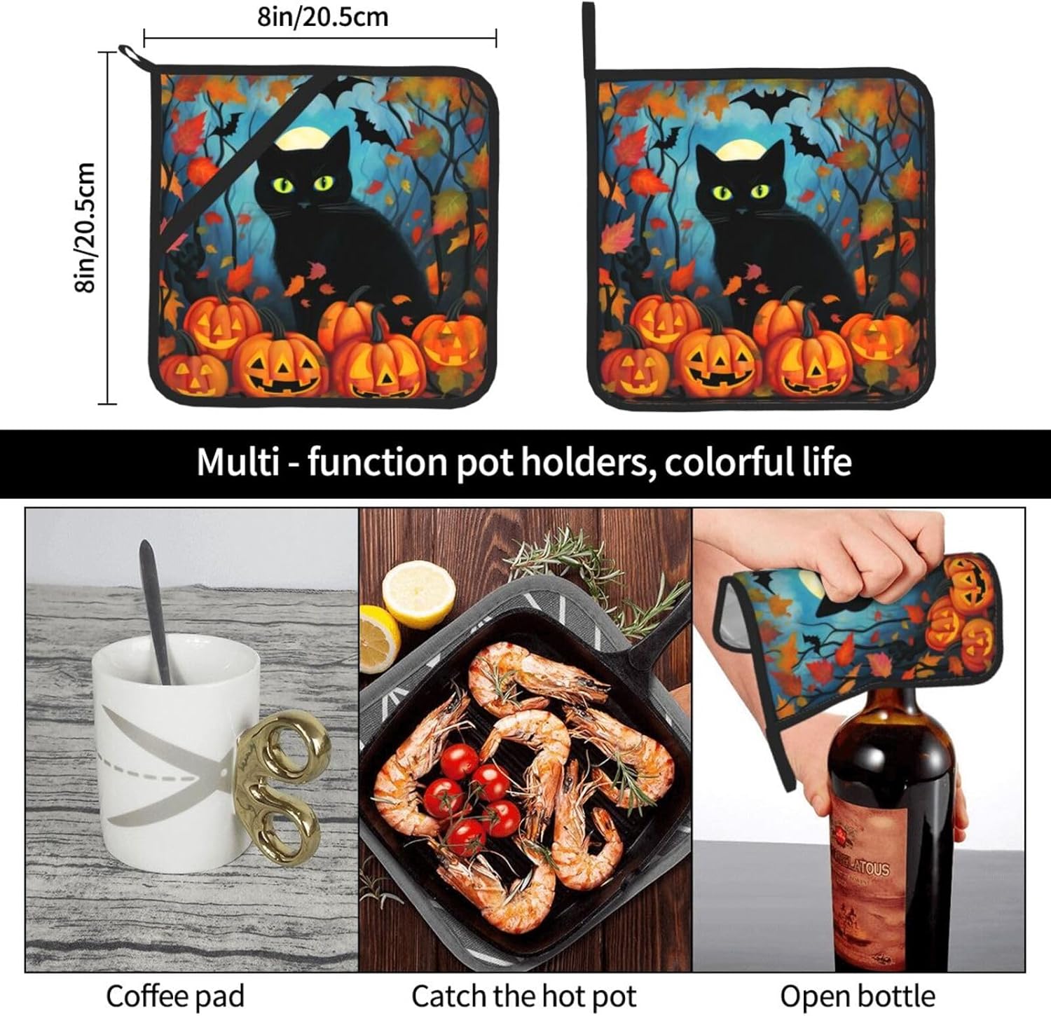 Halloween Black Cat Pumpkin Leave Pot Holder Set