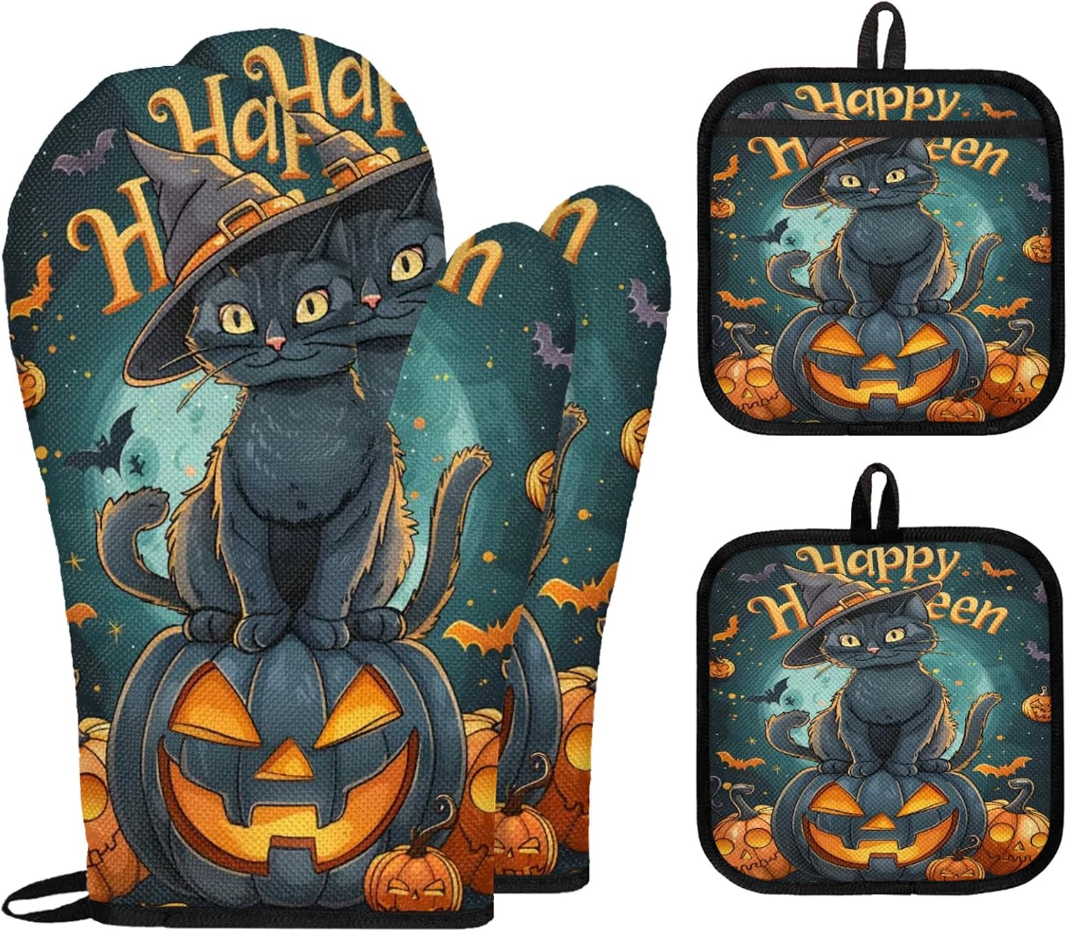 TropicalLife Halloween Black Cat Orange Pumpkin Oven Mitts Pot Holders Set