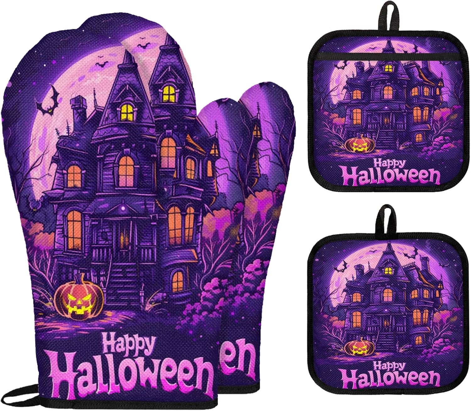 Tropical Life Halloween Pumpkin Bat Oven Mitts 4-Piece Set