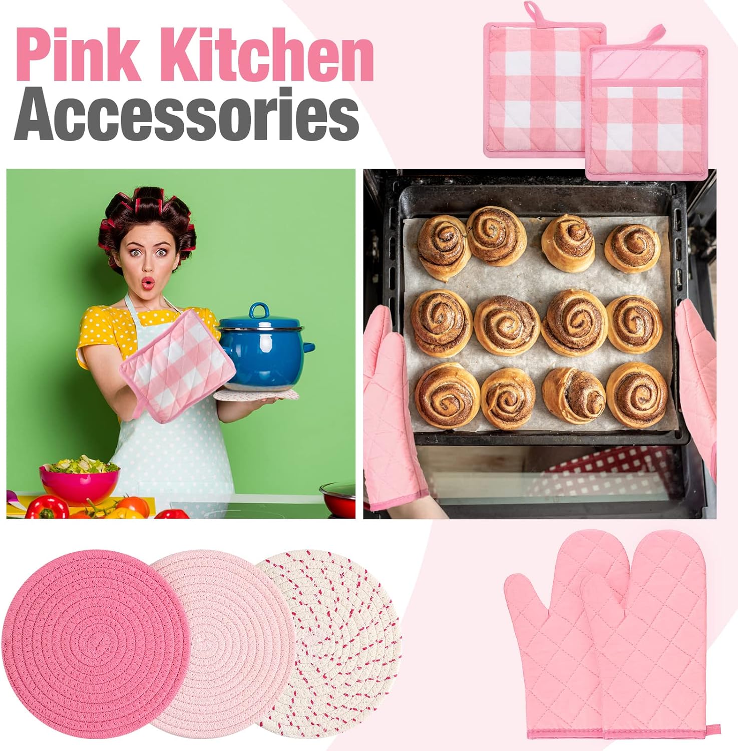 Sumind 7-Piece Oven Mitts Potholders Set Pink White Cotton Kitchen Accessories
