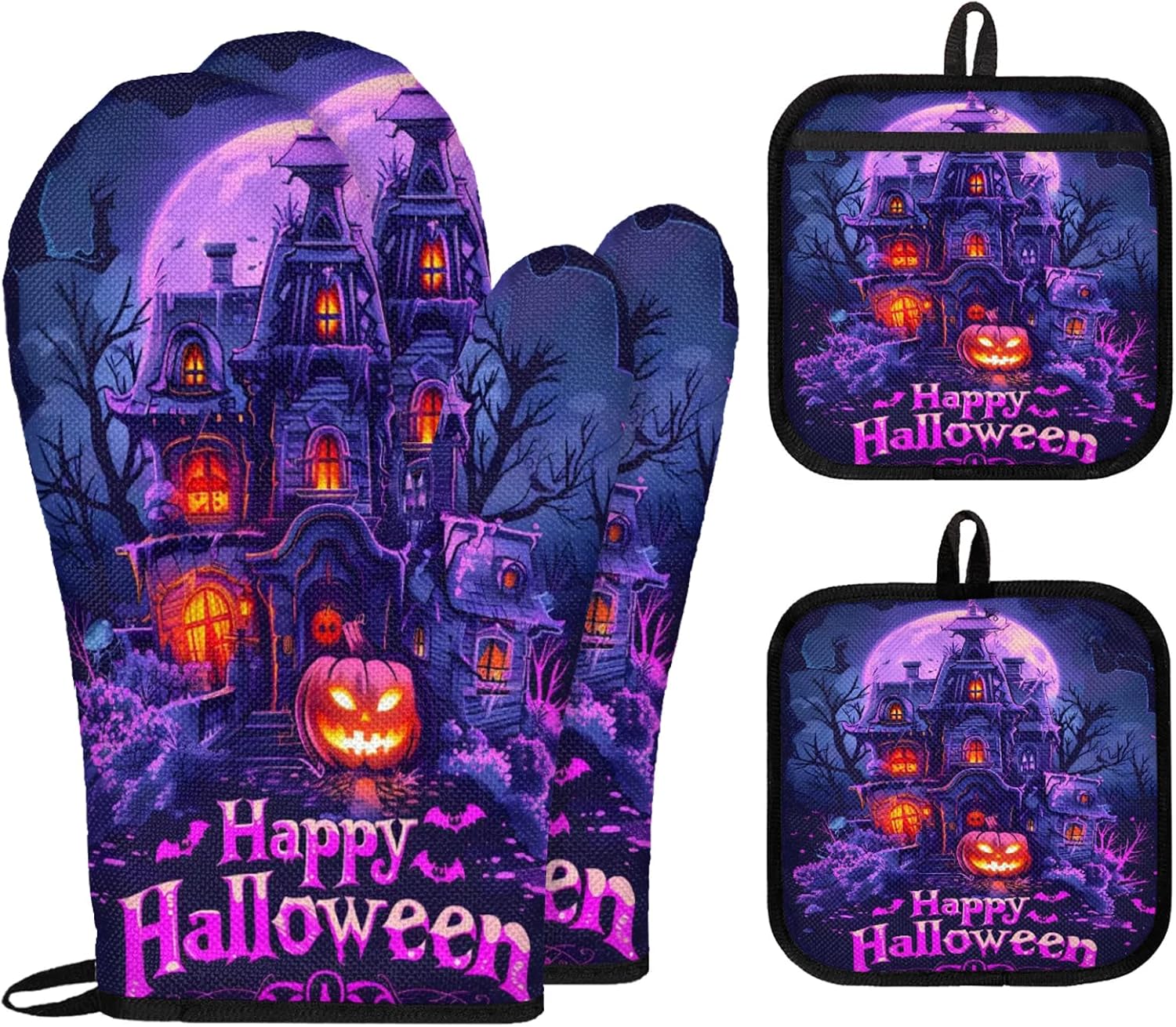 TropicalLife Happy Halloween Oven Mitts and Pot Holders 4Pcs Set