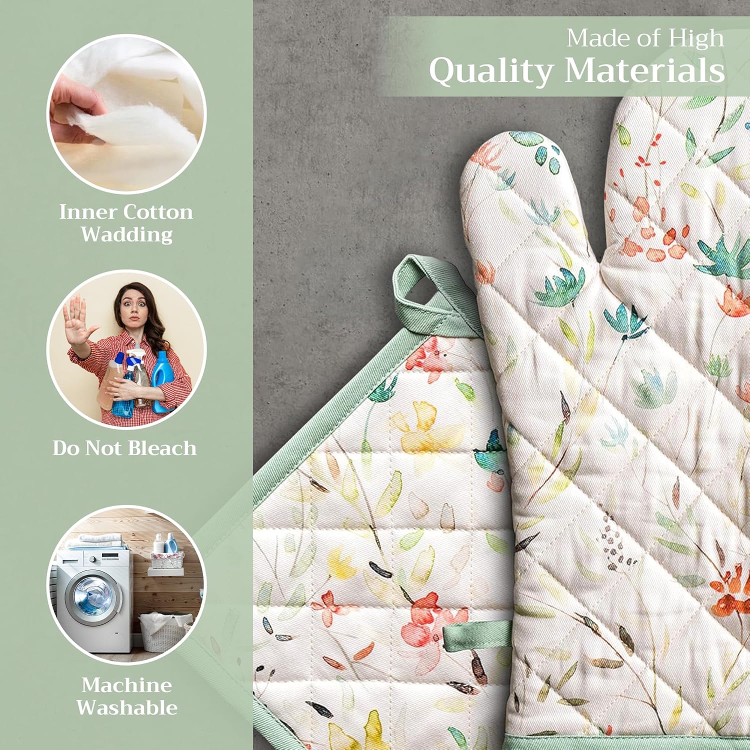 Maison dHermine 100 Cotton Oven Mitt Pot Holder Set - Heat Resistant Soft Durable