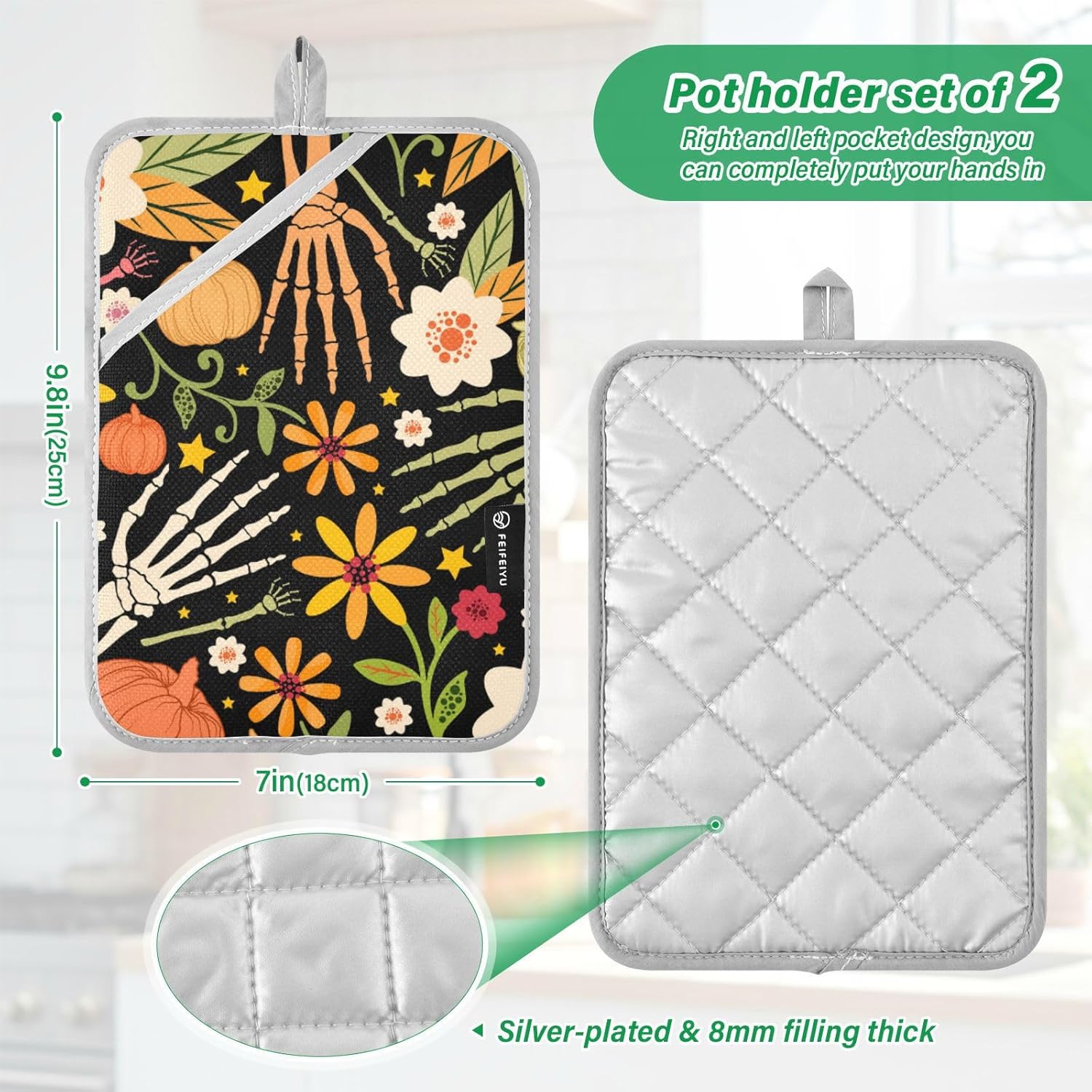 OurVii 2-Piece Halloween Seamless Pattern Bone and Floral Elements Potholders Set