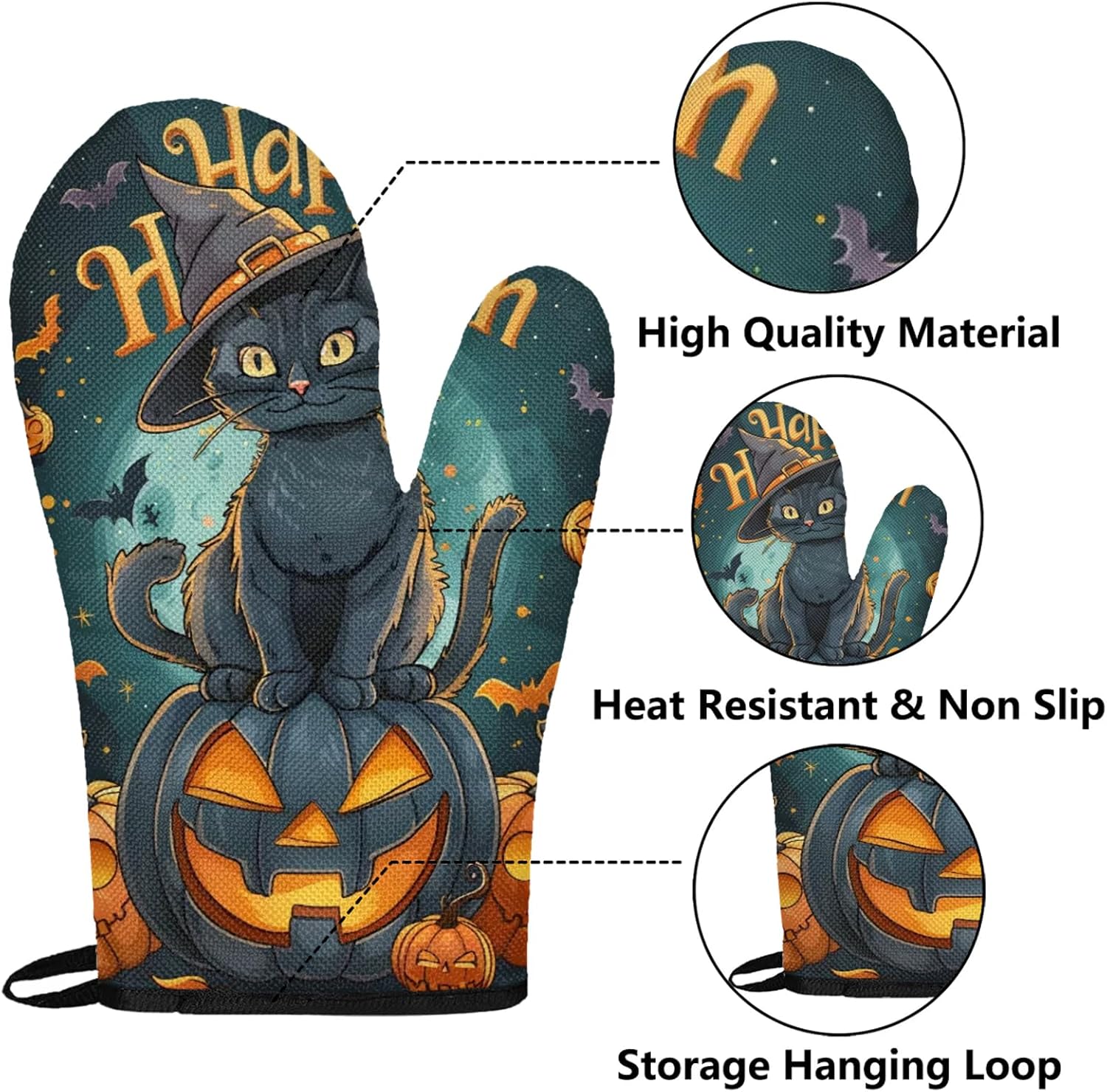 TropicalLife Halloween Black Cat Orange Pumpkin Oven Mitts Pot Holders Set