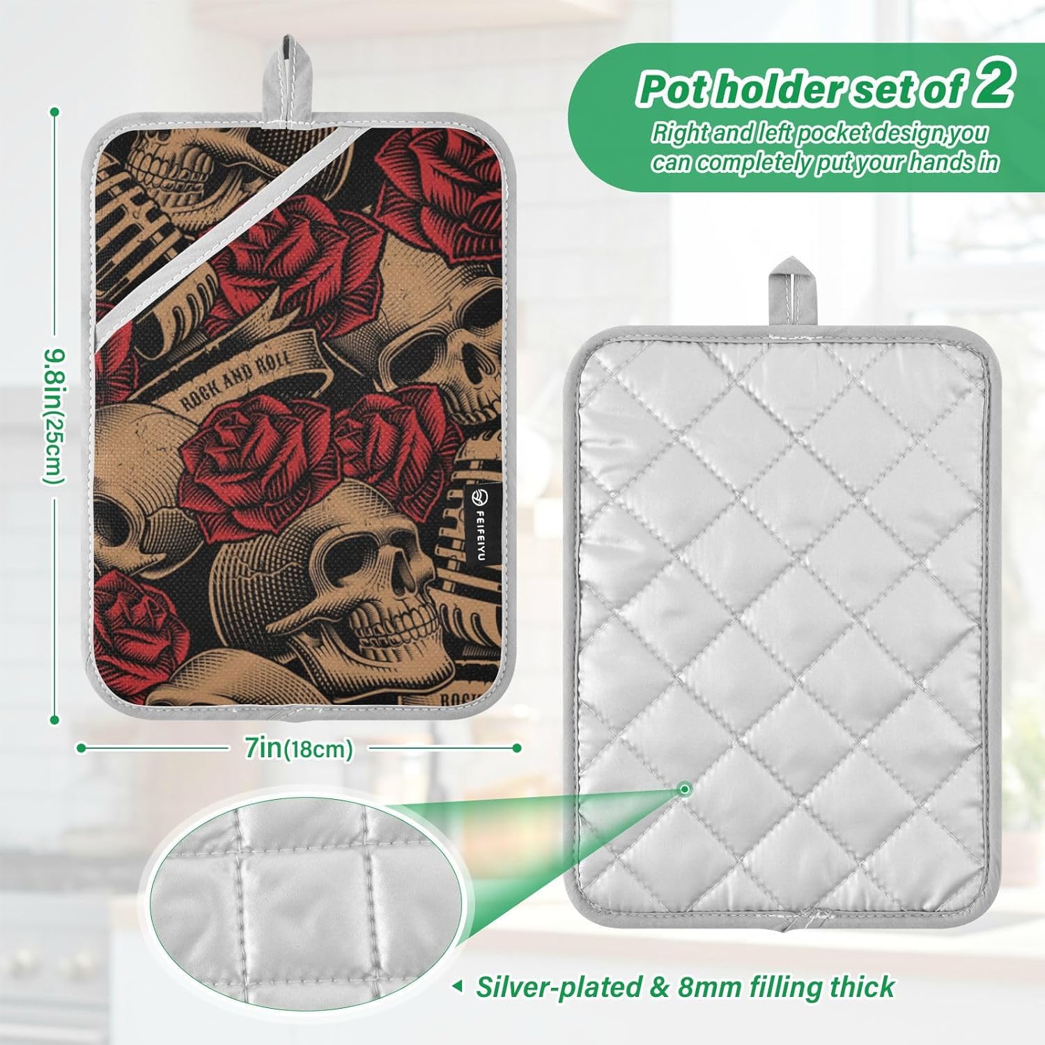 OURVII 2Pcs Skulls Red Roses Pot Holders Set Non-Slip