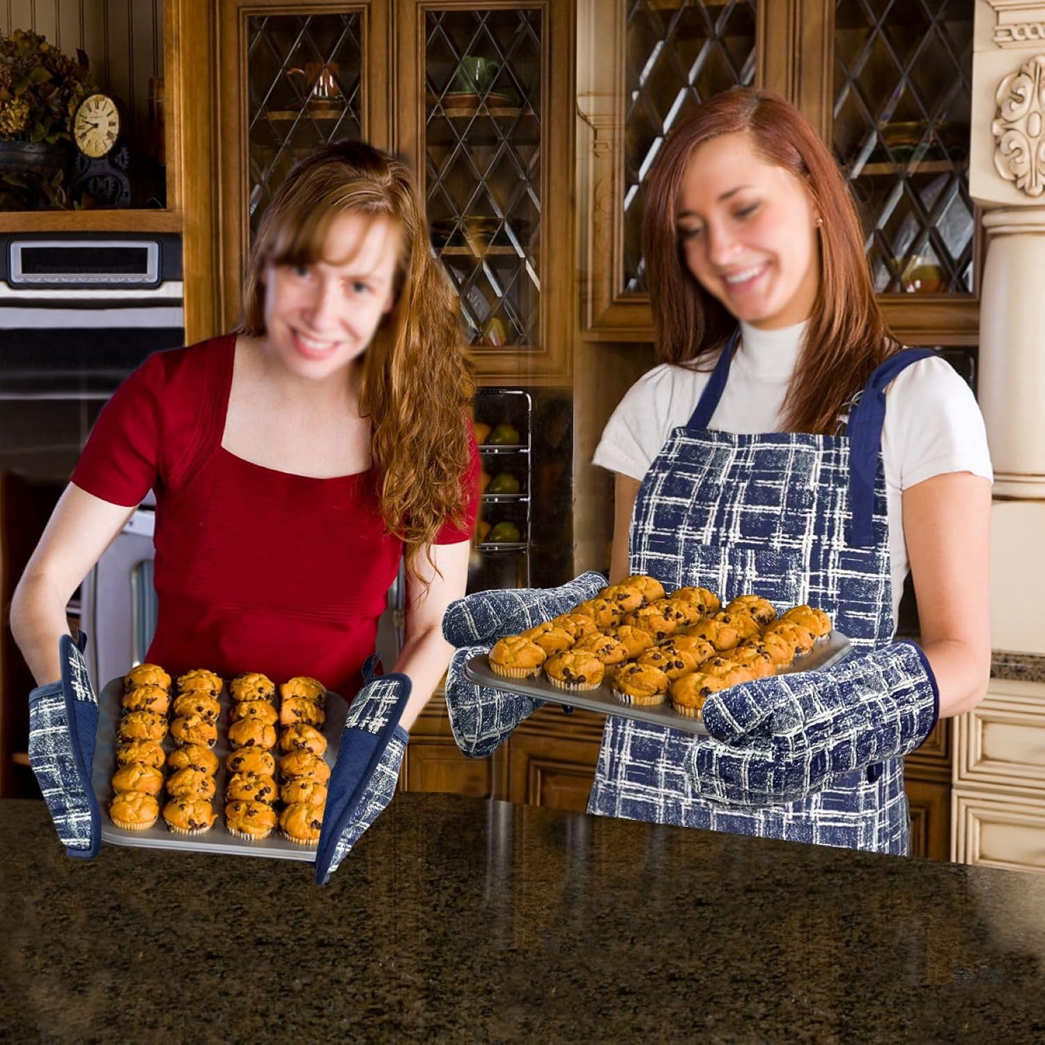 Alselo Oven Mitts and Pot Holders Set of 5 with Cooking Apron Navy