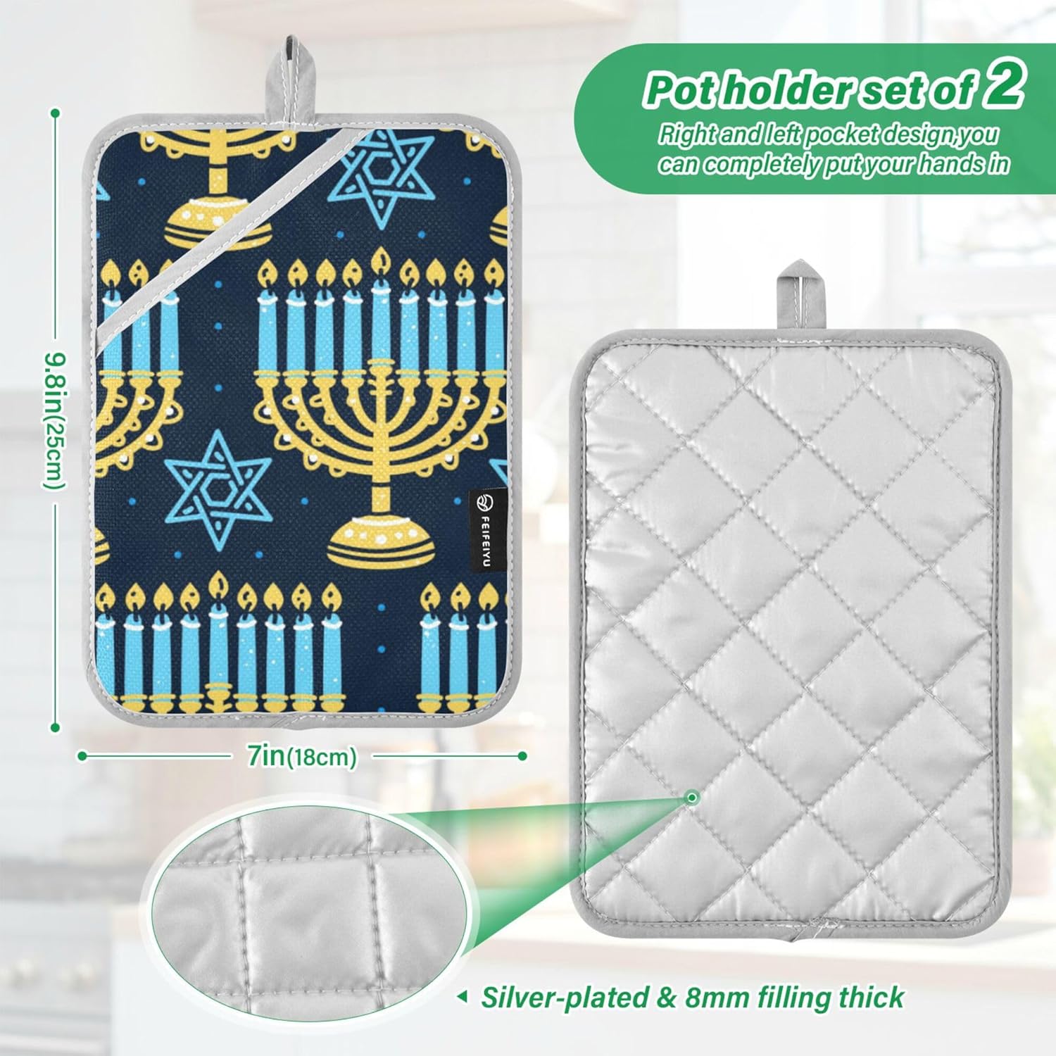Wudan Happy Hanukkah Candelabra Candles 2 Pack Heat Resistant Potholders for Kitchen